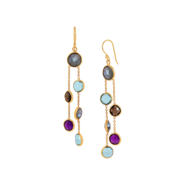 Kaleidoscope Multi-stone Dangling Statement Earrings Gold (Labradorite, Blue Topaz, Smoky Quartz and Amethyst)