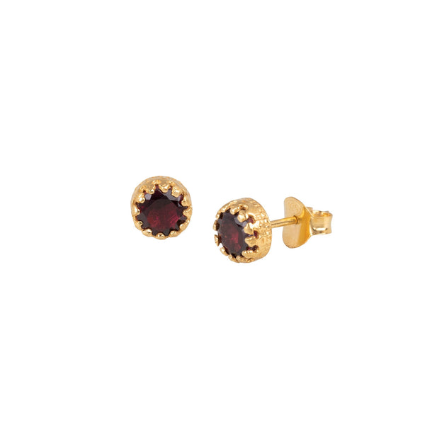 Dew Drops Garnet Crown Stud Earrings Gold
