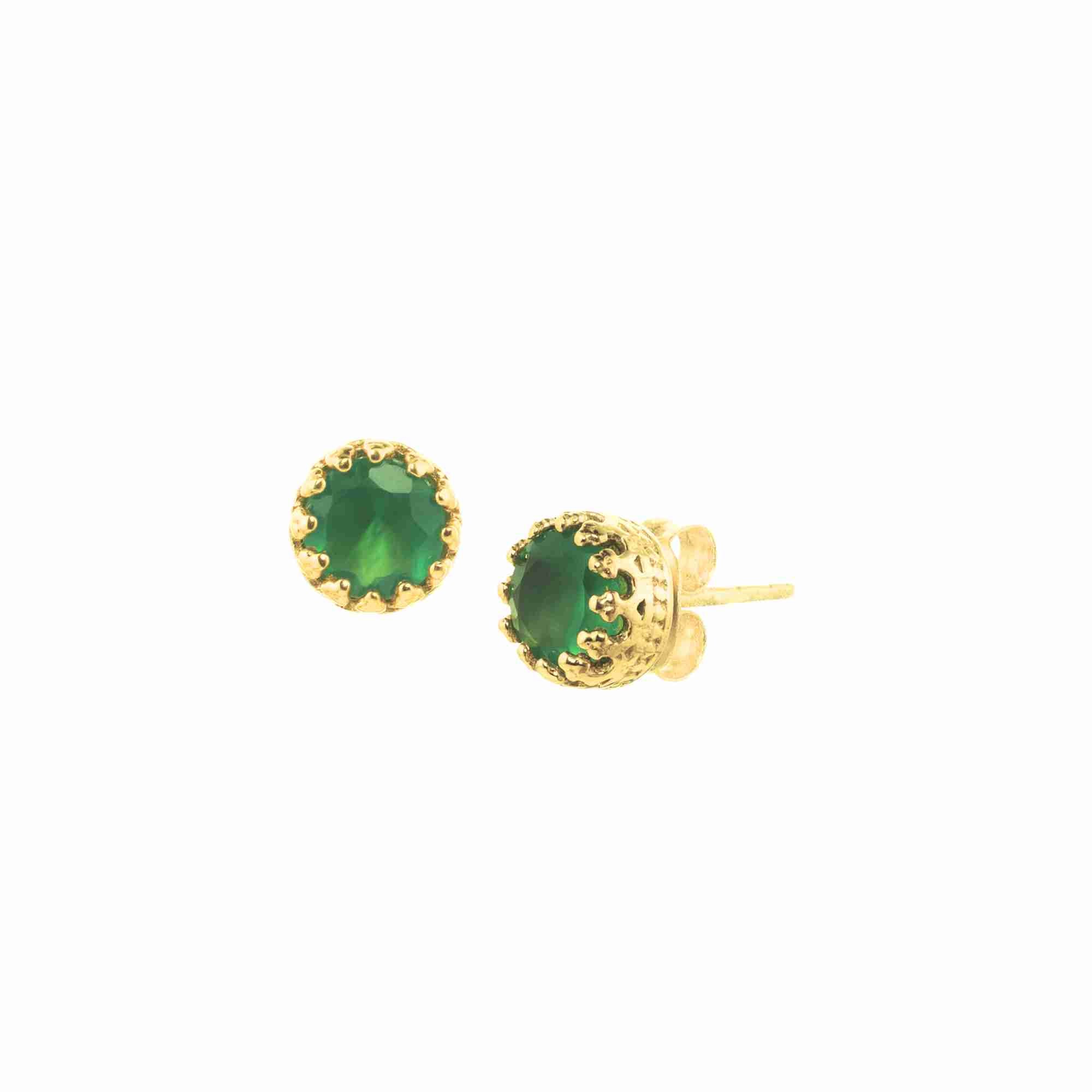 Dew Drops Green Onyx Crown Stud Earrings Gold