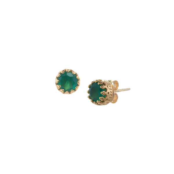 Dew Drops Green Onyx Crown Stud Earrings Gold