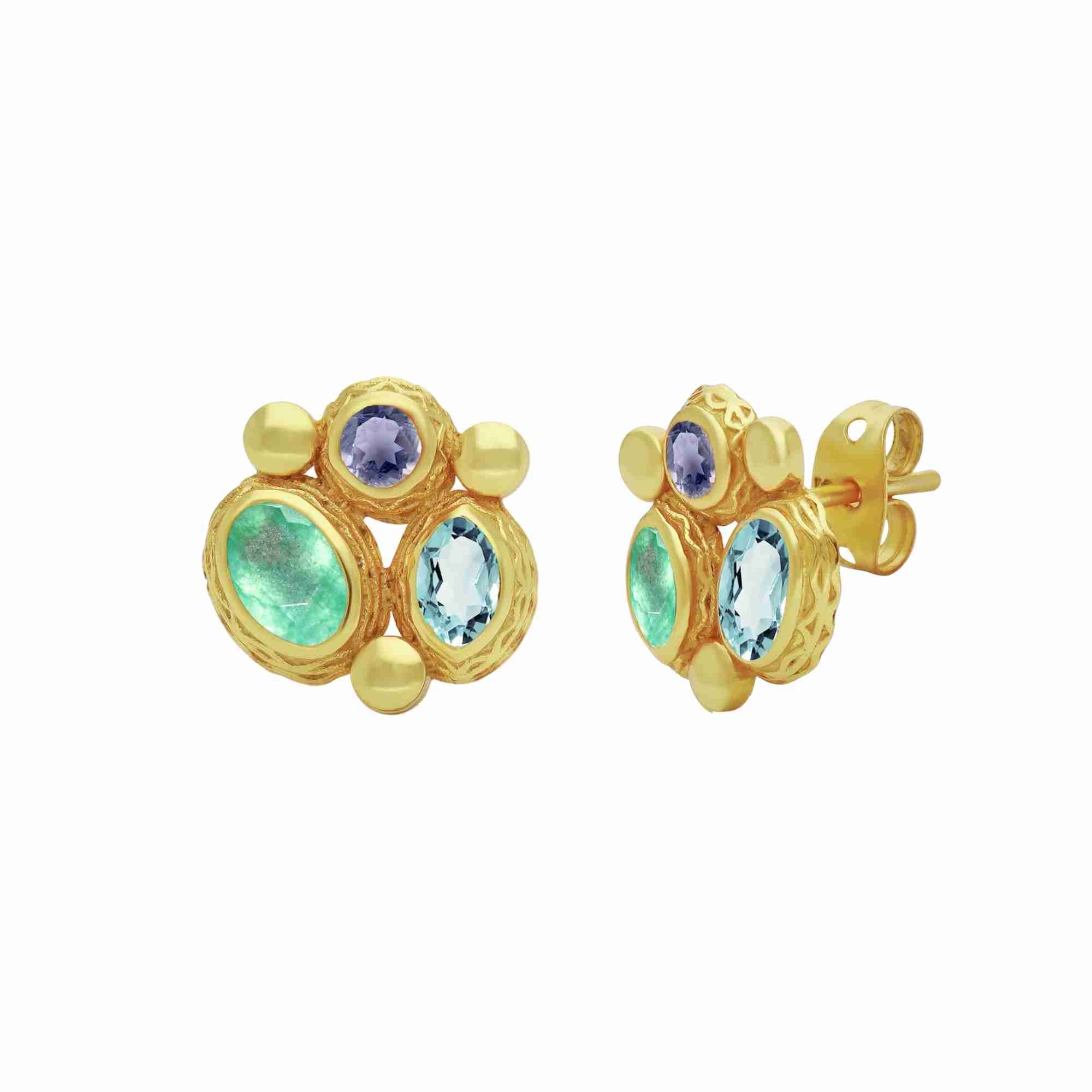 Kaleidoscope Multi-stone Nephrite Blue Topaz Iolite Stud Earrings Gold