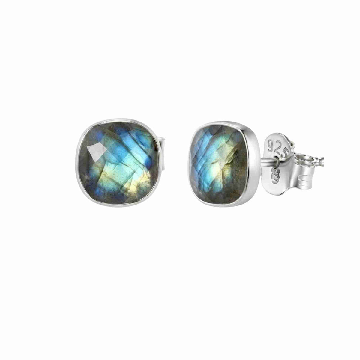Cushion-cut labradorite square stud earrings in silver on a white background