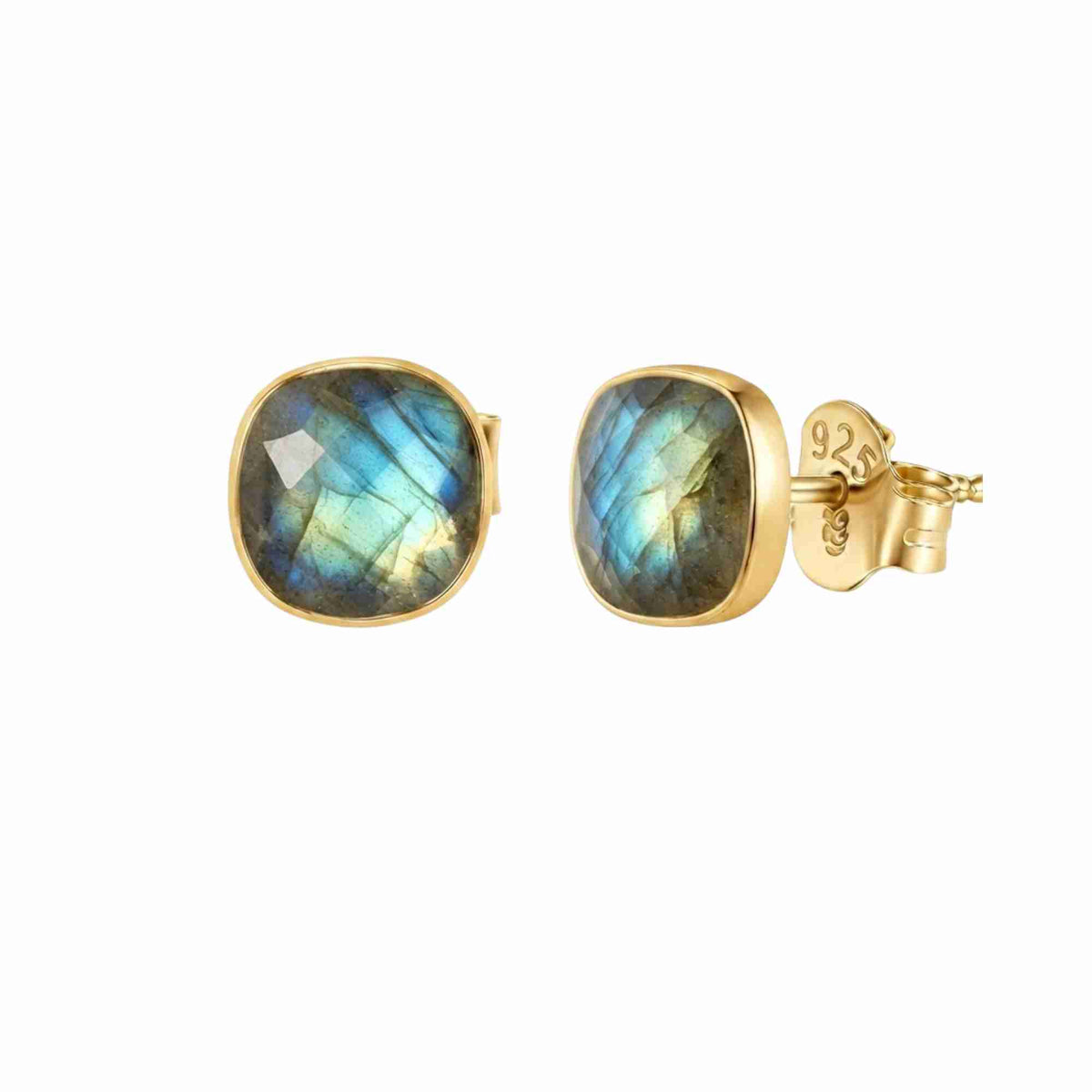 Cushion-cut labradorite square stud earrings in gold on a white background