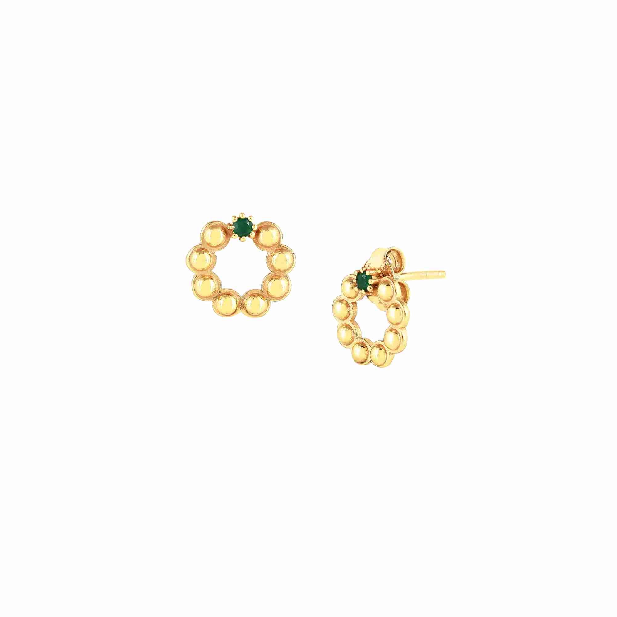 Delicate Vintage Dotted Circle Green Onyx Stud Earring Gold