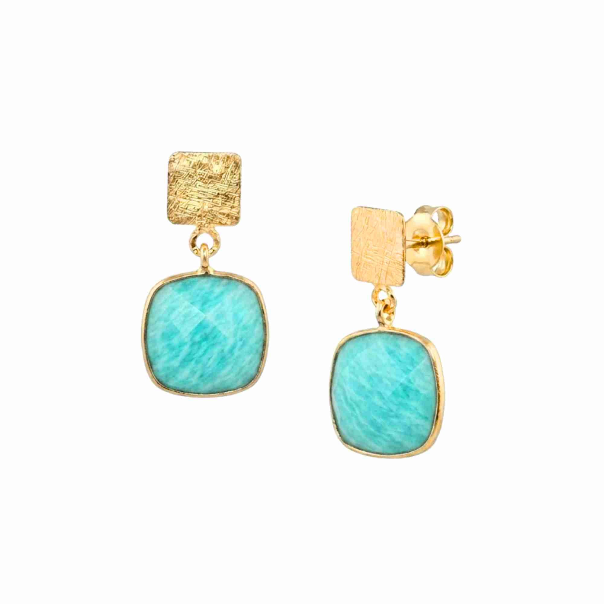 Product photography of Geo Glam Cushion-Cut Amazonite Drop Earrings Gold, highlighting the faceted square opaque turquoise blue gemstone suspended from a hand-textured matte gold square post — Protsaah Zurich.
