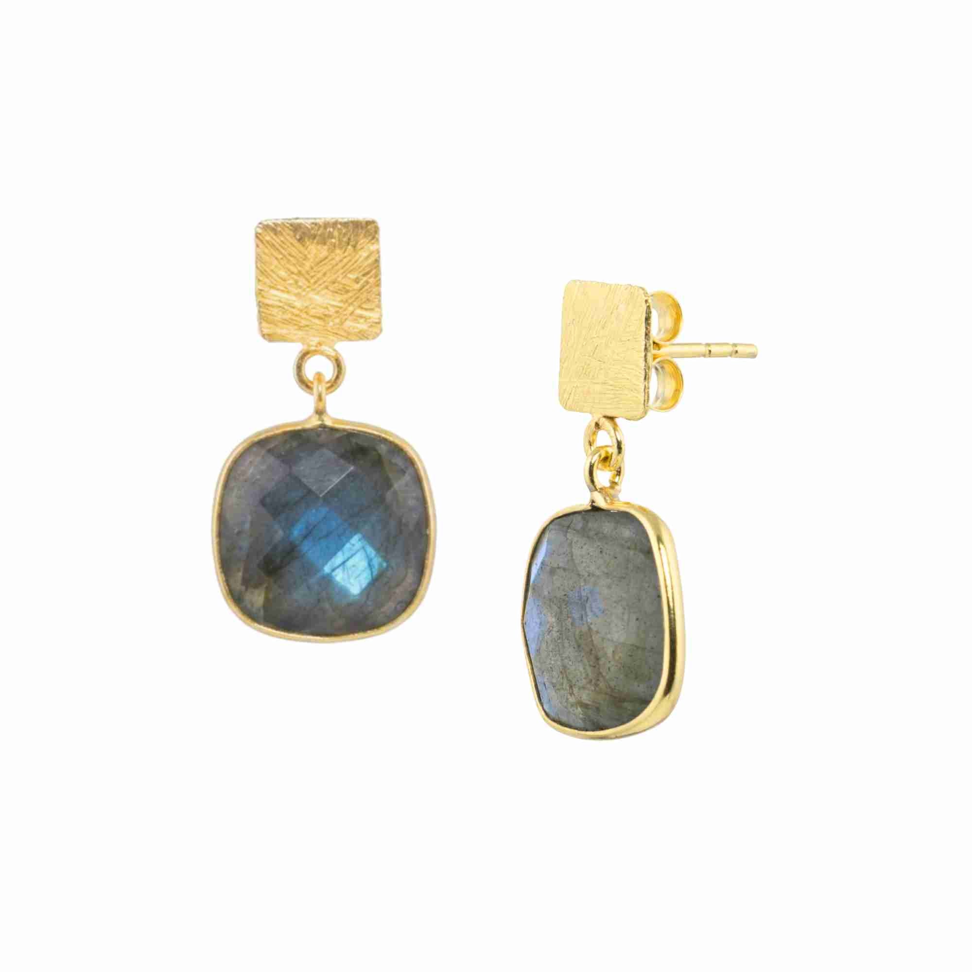 Product photography of Geo Glam Cushion-Cut Labradorite Drop Earrings Gold, highlighting the faceted square smoky grey gemstone with blue flashes suspended from a hand-textured matte gold square post — Protsaah Zurich.