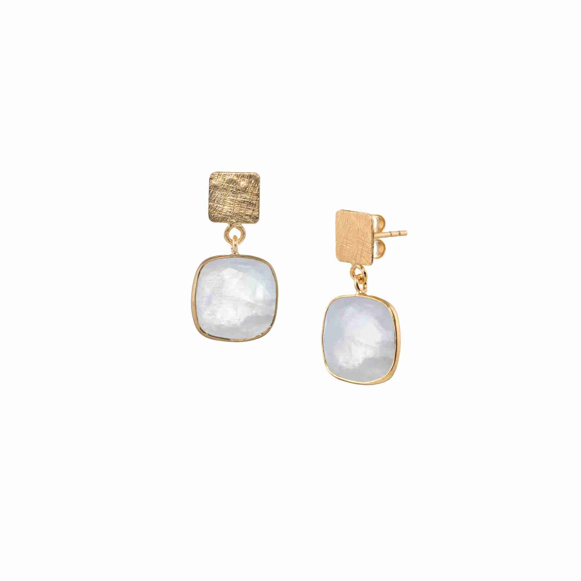 Product photography of Geo Glam Cushion-Cut Rainbow Moonstone Drop Earrings Gold, highlighting the faceted square iridescent white gemstone suspended from a hand-textured matte gold square post — Protsaah Zurich.