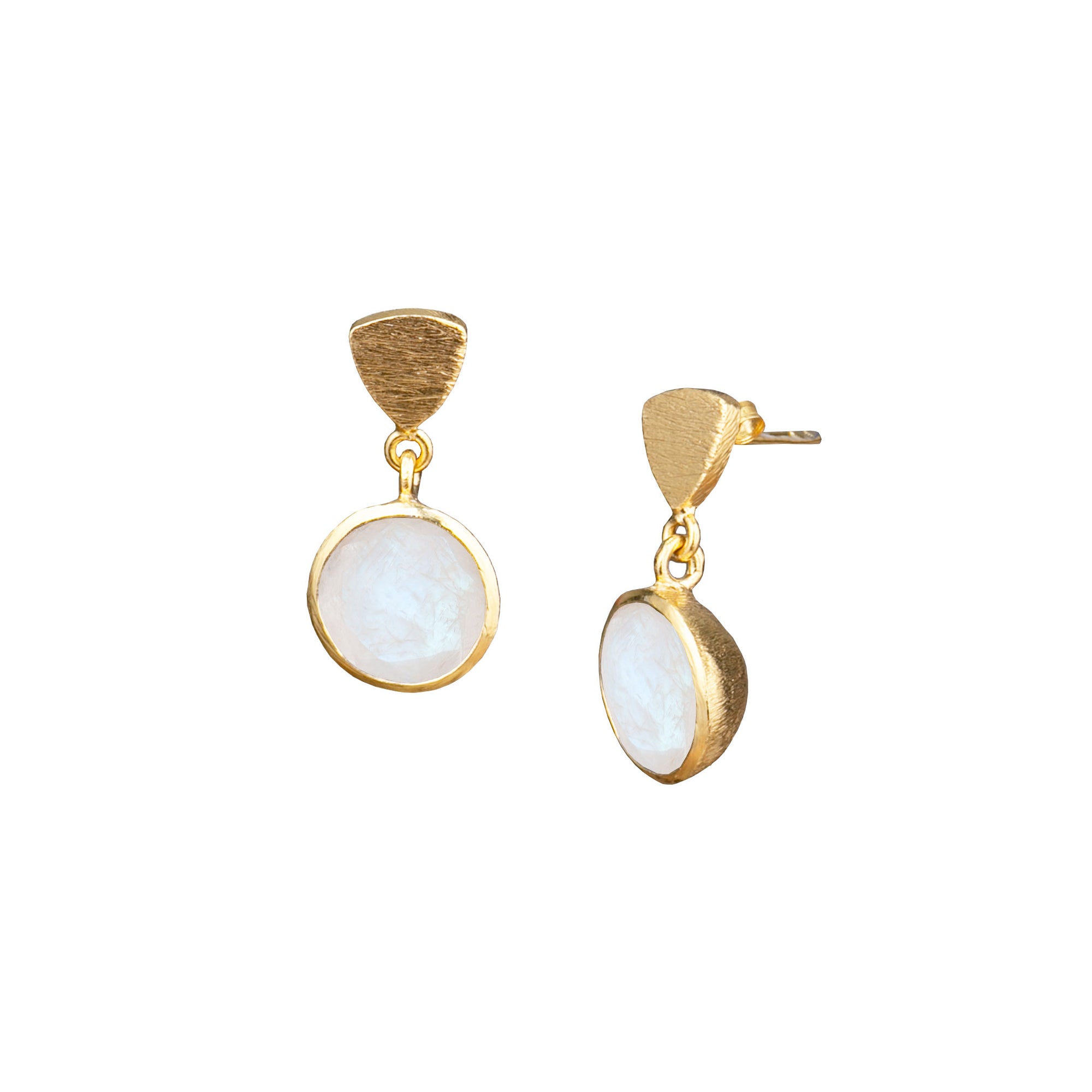 Geo Glam Hemisphere Rainbow Moonstone Drop Earrings Gold — brushed triangular stud suspending a round bezel-set Rainbow Moonstone drop in 22K gold finish on a butterfly-back post — Protsaah.