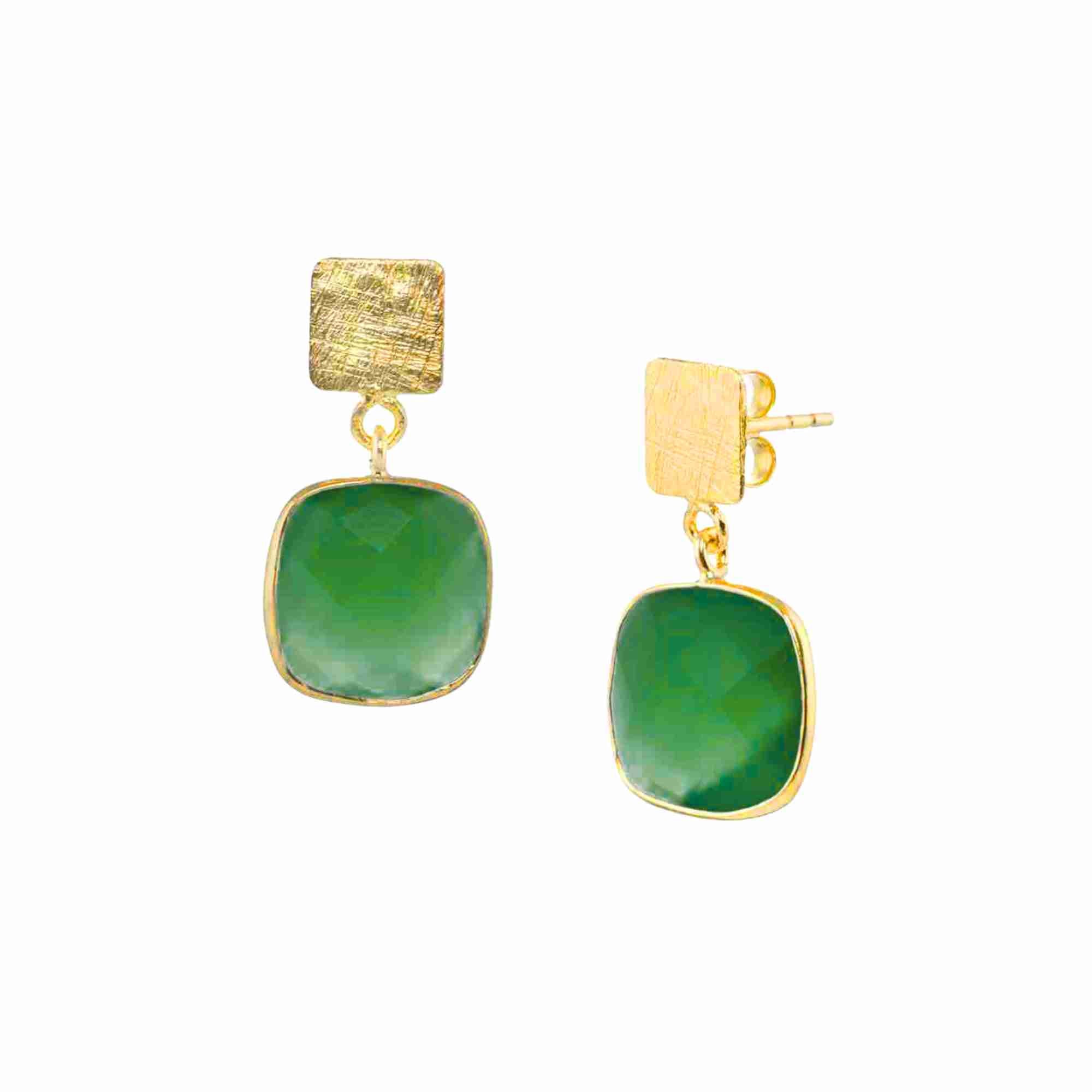 Product photography of Geo Glam Cushion-Cut Green Onyx Drop Earrings Gold, highlighting the faceted vibrant green gemstone suspended from a hand-textured matte gold square post — Protsaah Zurich.