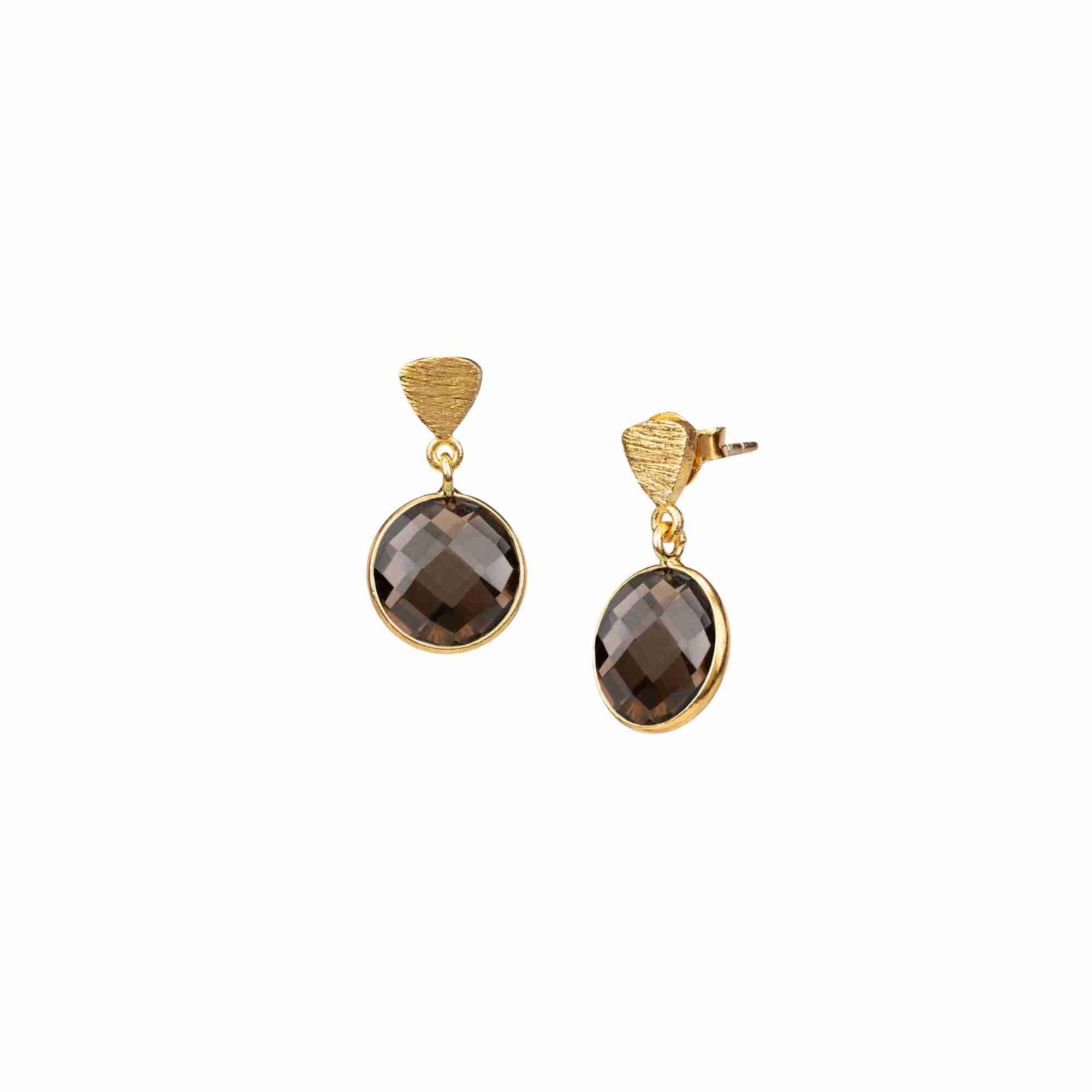 Geo Glam Triangle Smoky Quartz Drop Earrings Gold featuring faceted smoky quartz gemstone with textured triangle stud in gold finish.