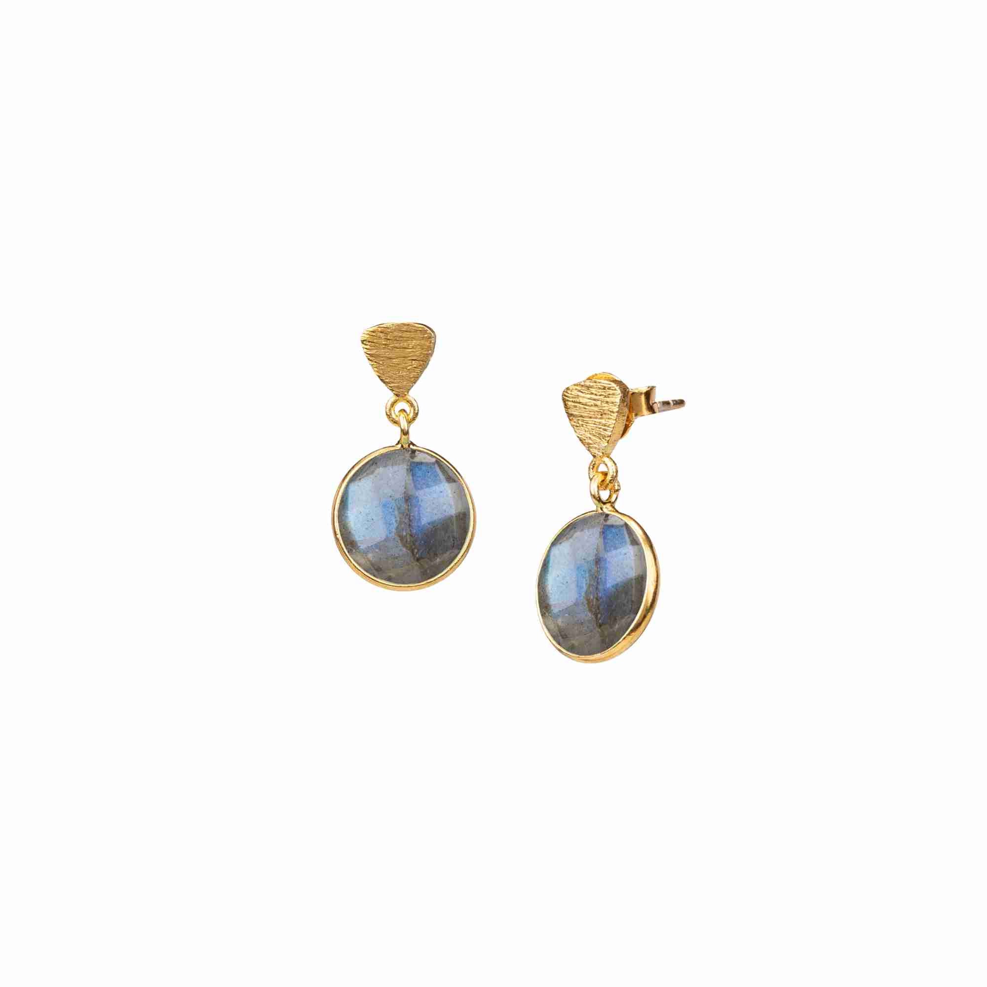 Product photography of Geo Glam Triangle Textured Labradorite Drop Earrings Gold, highlighting the faceted round smoky grey gemstone with blue flashes suspended from a hand-textured matte gold triangular post — Protsaah Zurich.