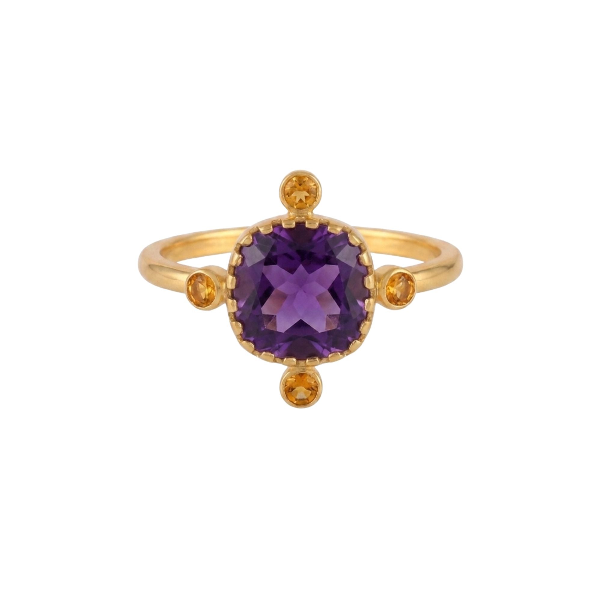 Protsaah Zurich - Top view of Kaleidoscope Amethyst & Citrine Melange Adjustable Ring featuring a cushion-cut purple Amethyst center stone encircled by four yellow Citrine accents in 22K gold-plated recycled sterling silver.