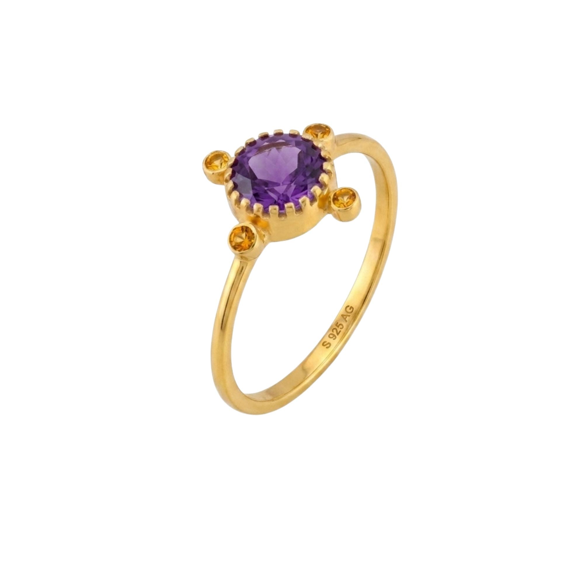 Protsaah Zurich - Angled side view of Kaleidoscope Amethyst & Citrine Melange Adjustable Ring showing the high-polish 22K gold band stamped with S925 AG hallmark and detailed milgrain bezel setting.
