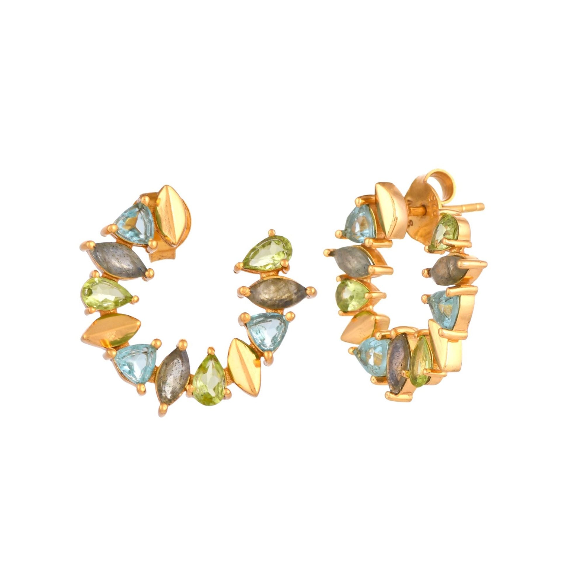 Kaleidoscope Arc Blue Topaz, Labradorite and Peridot Statement Earrings Gold — large circular hoop with blue topaz, labradorite and peridot in 22K gold plated 925 Silver by Protsaah Zurich.