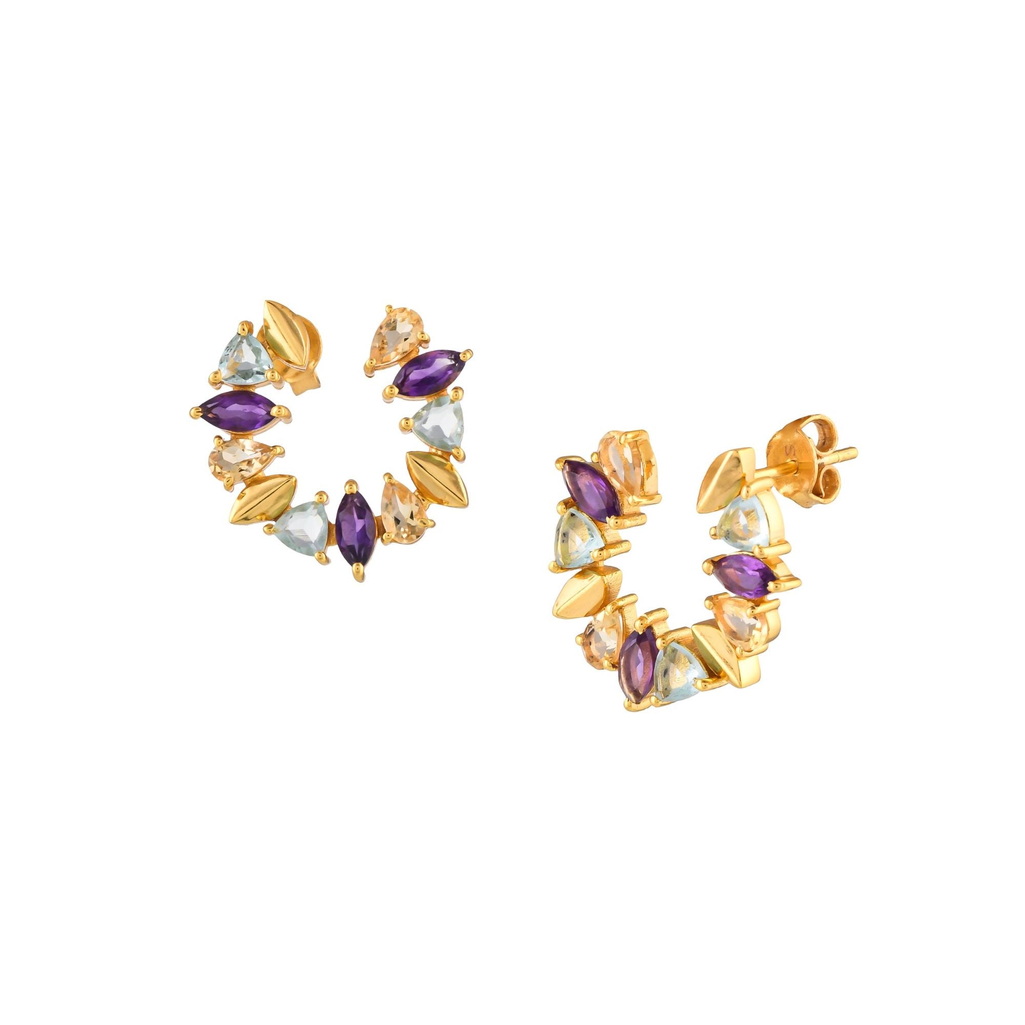 Protsaah Zurich - Kaleidoscope Arc multi gemstone statement earrings in 22K gold-plated recycled silver with Swiss Blue Topaz, Amethyst, and Citrine, handcrafted sustainable jewelry Switzerland.
