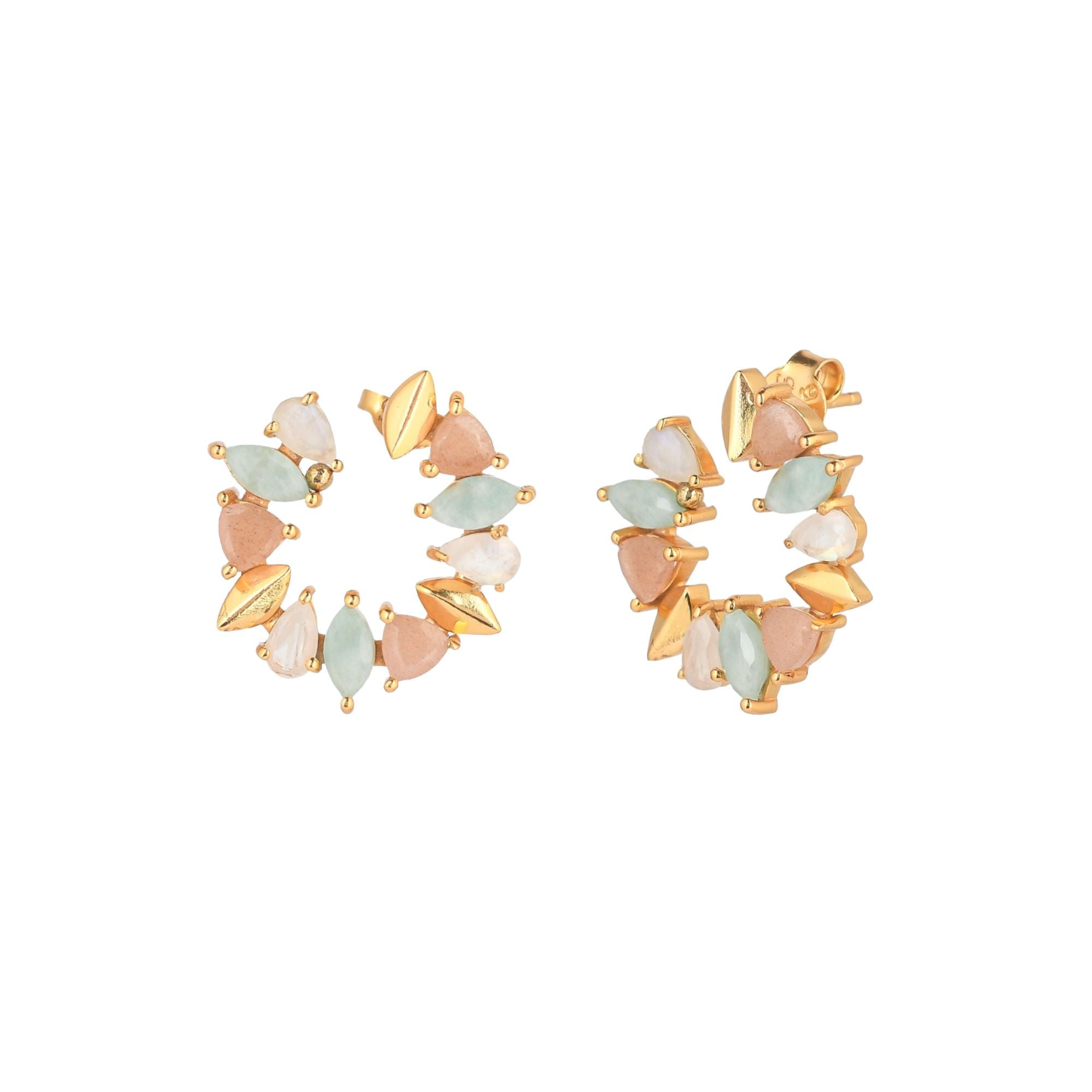 Kaleidoscope Arc Peach Moonstone, Amazonite and Rainbow Moonstone Statement Earrings Gold — large circular hoop with multi-gemstone arc in 22K gold plated 925 Silver by Protsaah Zurich.