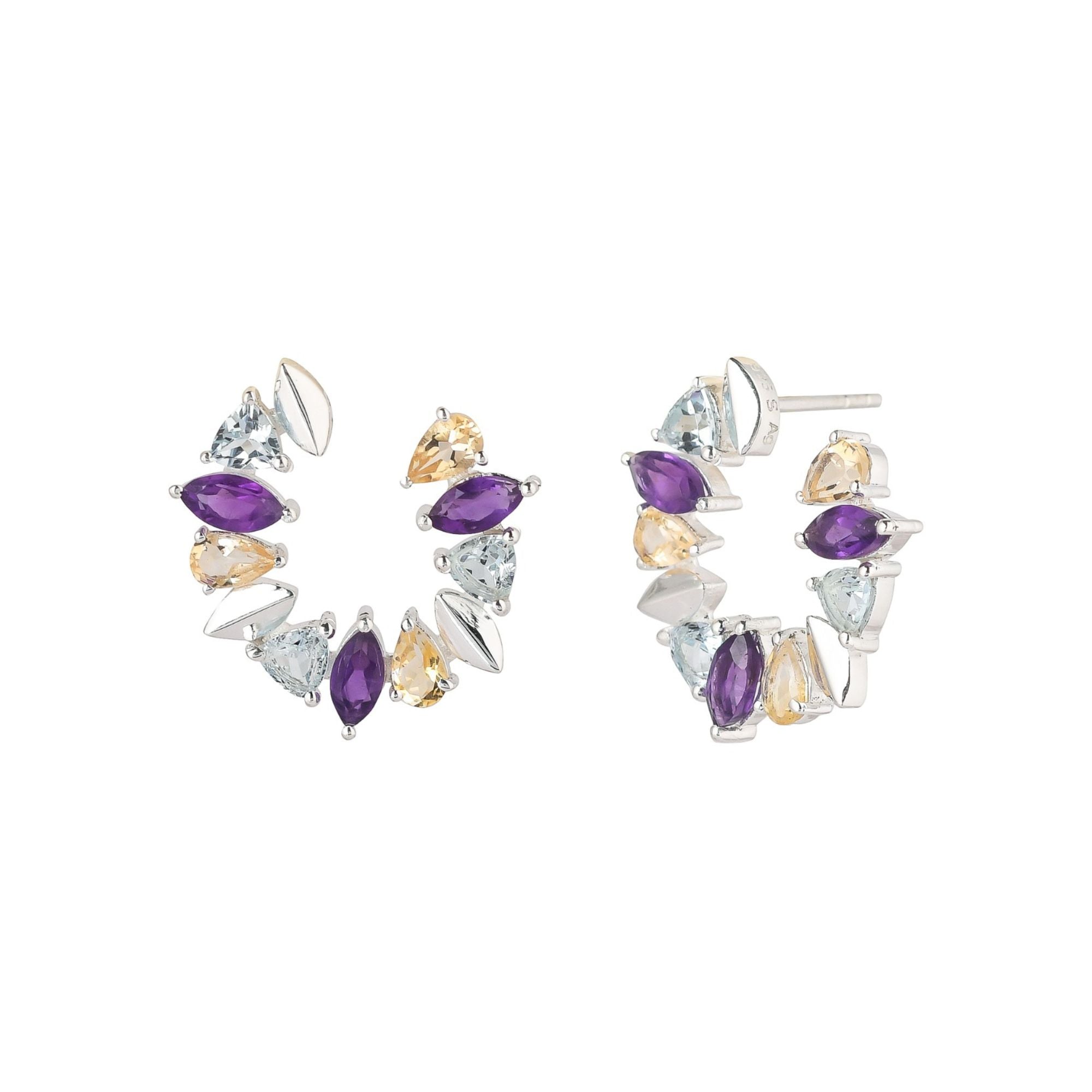 Protsaah Zurich - Kaleidoscope Arc multi gemstone statement earrings in recycled silver with Swiss Blue Topaz, Amethyst, and Citrine, handcrafted sustainable jewelry Switzerland.