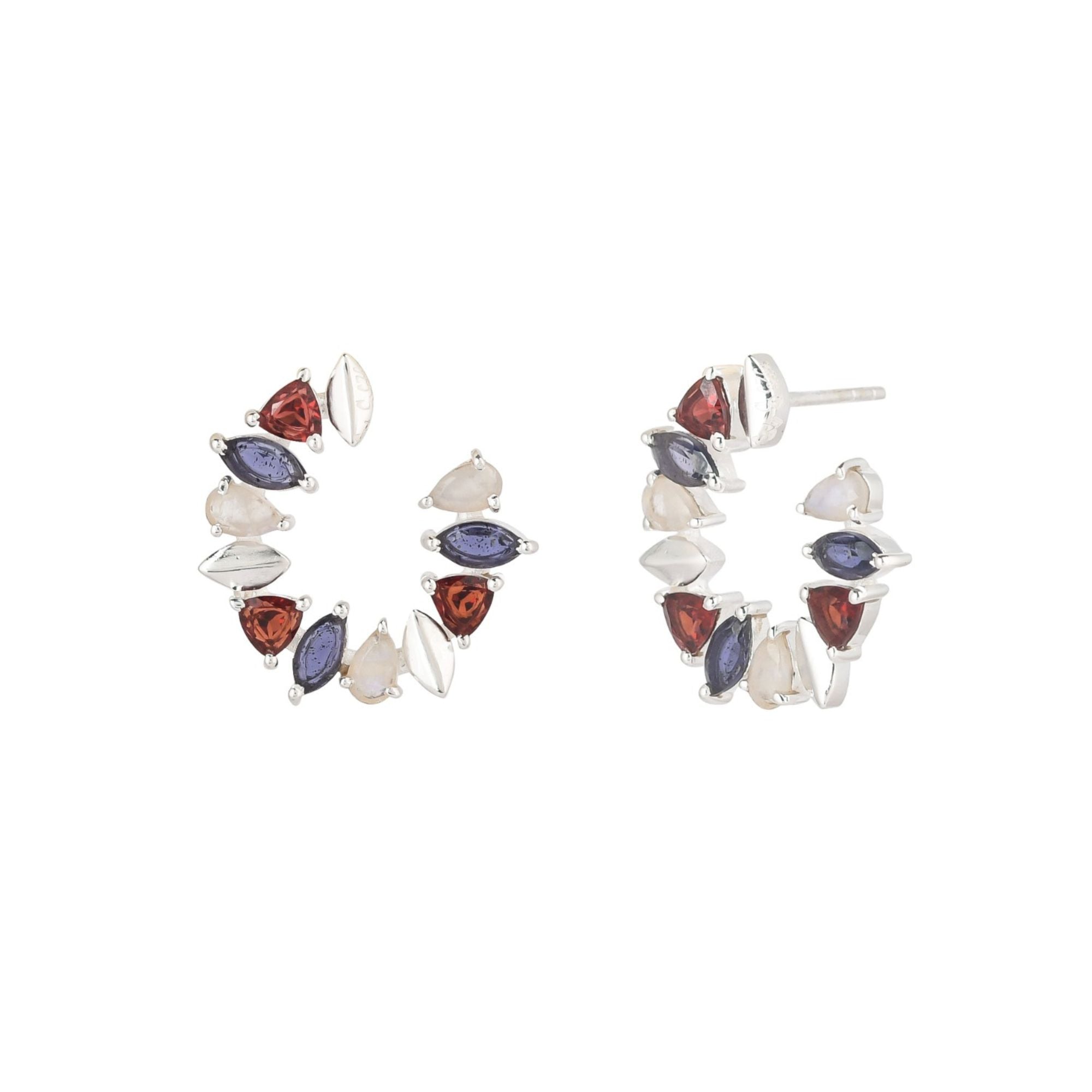 Kaleidoscope Arc multi gemstone statement earrings in recycled silver with Garnet, Iolite, and Rainbow Moonstone, handcrafted sustainable jewelry Switzerland.