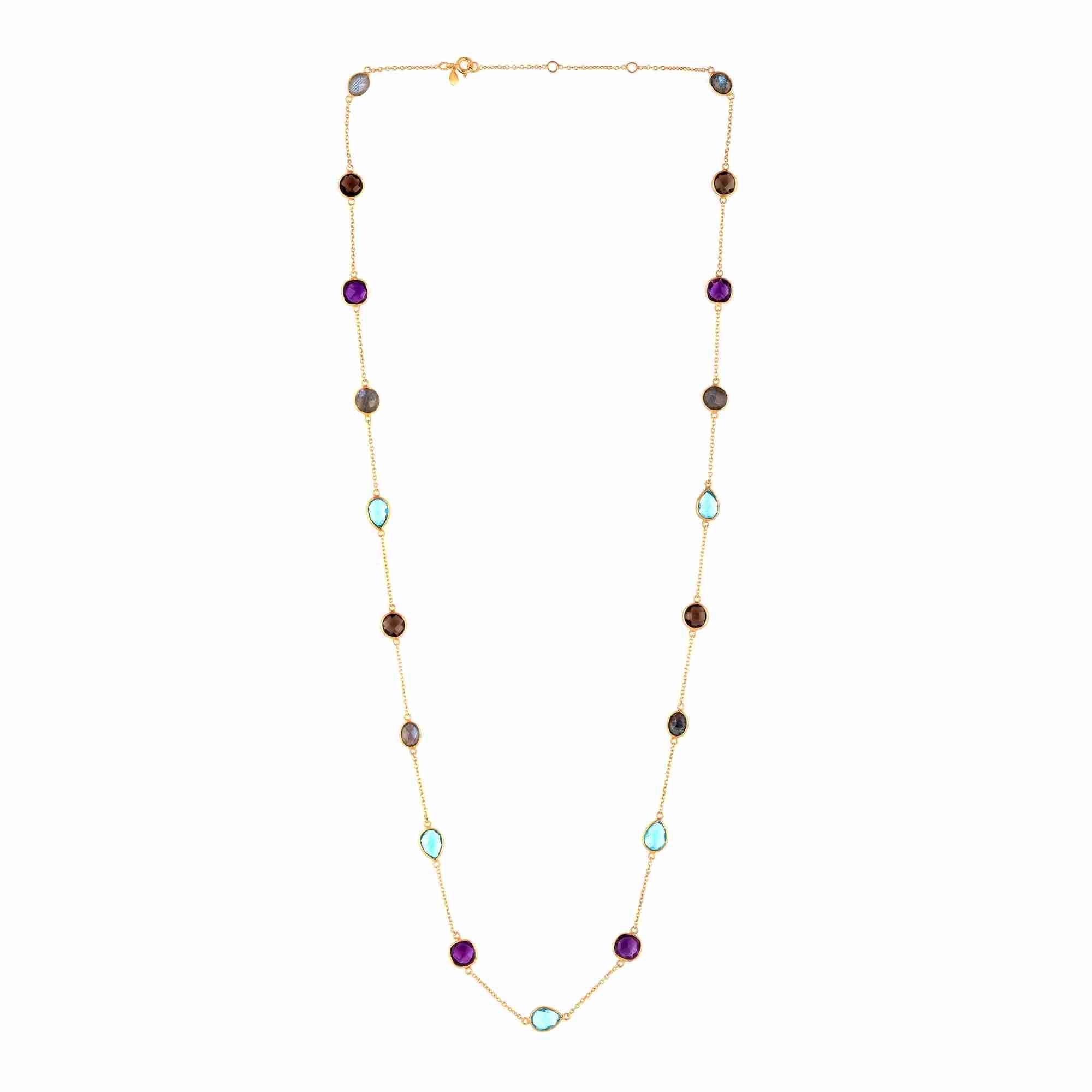 Protsaah Zurich - Kaleidoscope Aura multi gemstone long station layering necklace in 22K gold-plated recycled silver extended view, handcrafted sustainable jewelry Switzerland.