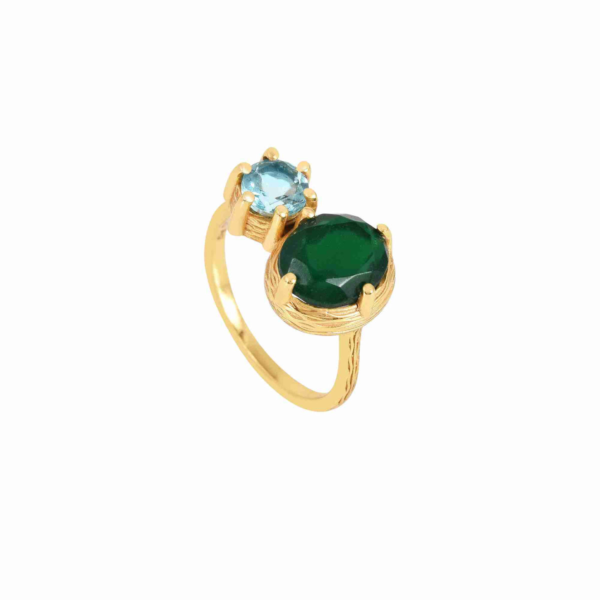 Protsaah Zurich - Angled profile view of Kaleidoscope Green Onyx & Blue Topaz Toi et Moi Cocktail Ring showing hand-brushed textured gold-plated bezel settings and open split-band detail.