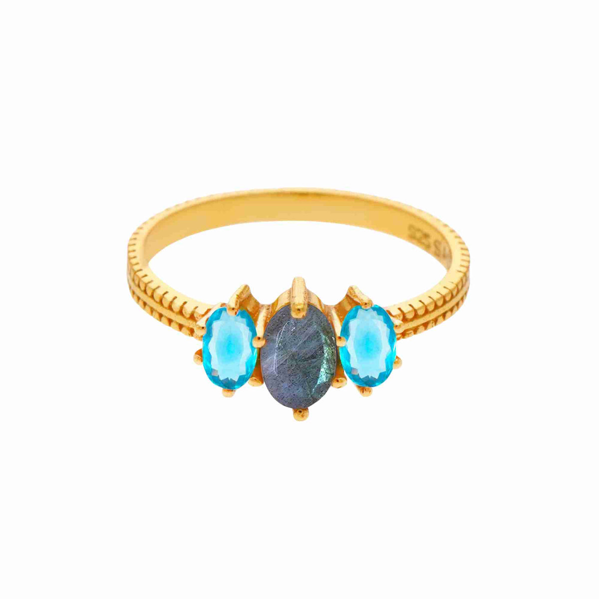 Kaleidoscope Labradorite-Blue Topaz Three-Stone Marquise Ring Gold — marquise-cut Labradorite flanked by Blue Topaz in a protective eye layout on a beaded texture band in 22K gold finish — Protsaah.