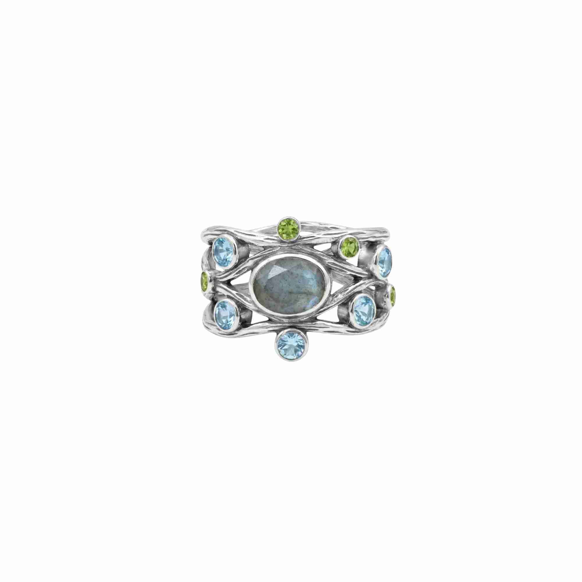 Kaleidoscope Labradorite Blue Topaz & Peridot Statement Ring Silver — wide organic twig-style band with oval Labradorite centre and scattered Blue Topaz and Peridot accents in high-polish silver finish — Protsaah.