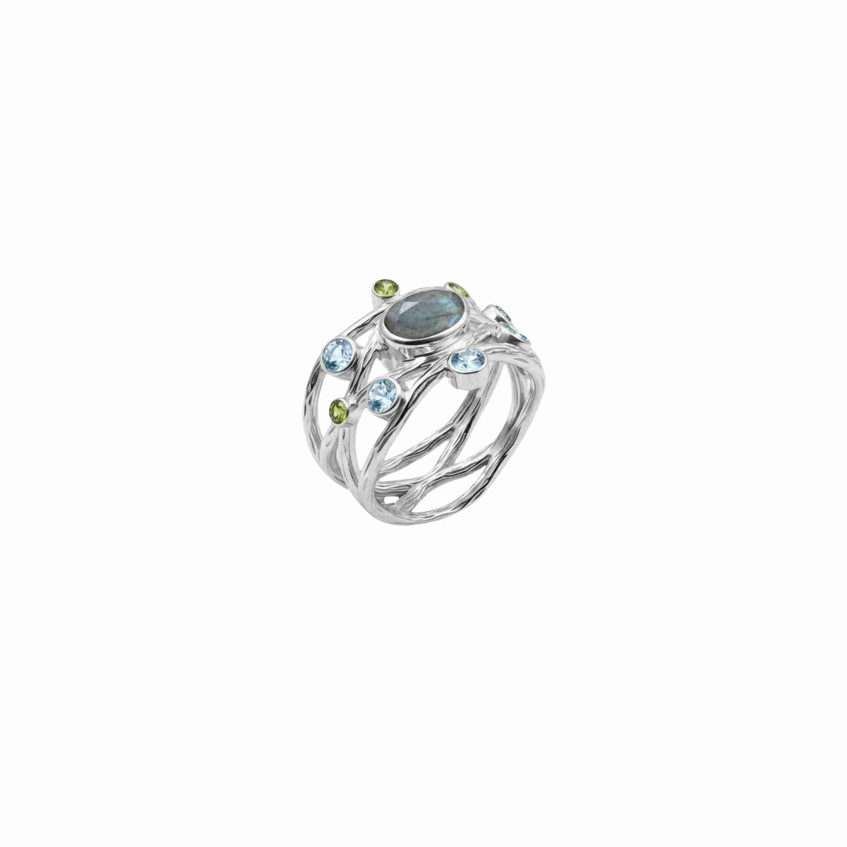 Kaleidoscope Labradorite Blue Topaz & Peridot Statement Ring Silver — wide organic twig-style band with oval Labradorite centre and scattered Blue Topaz and Peridot accents in high-polish silver finish — Protsaah.