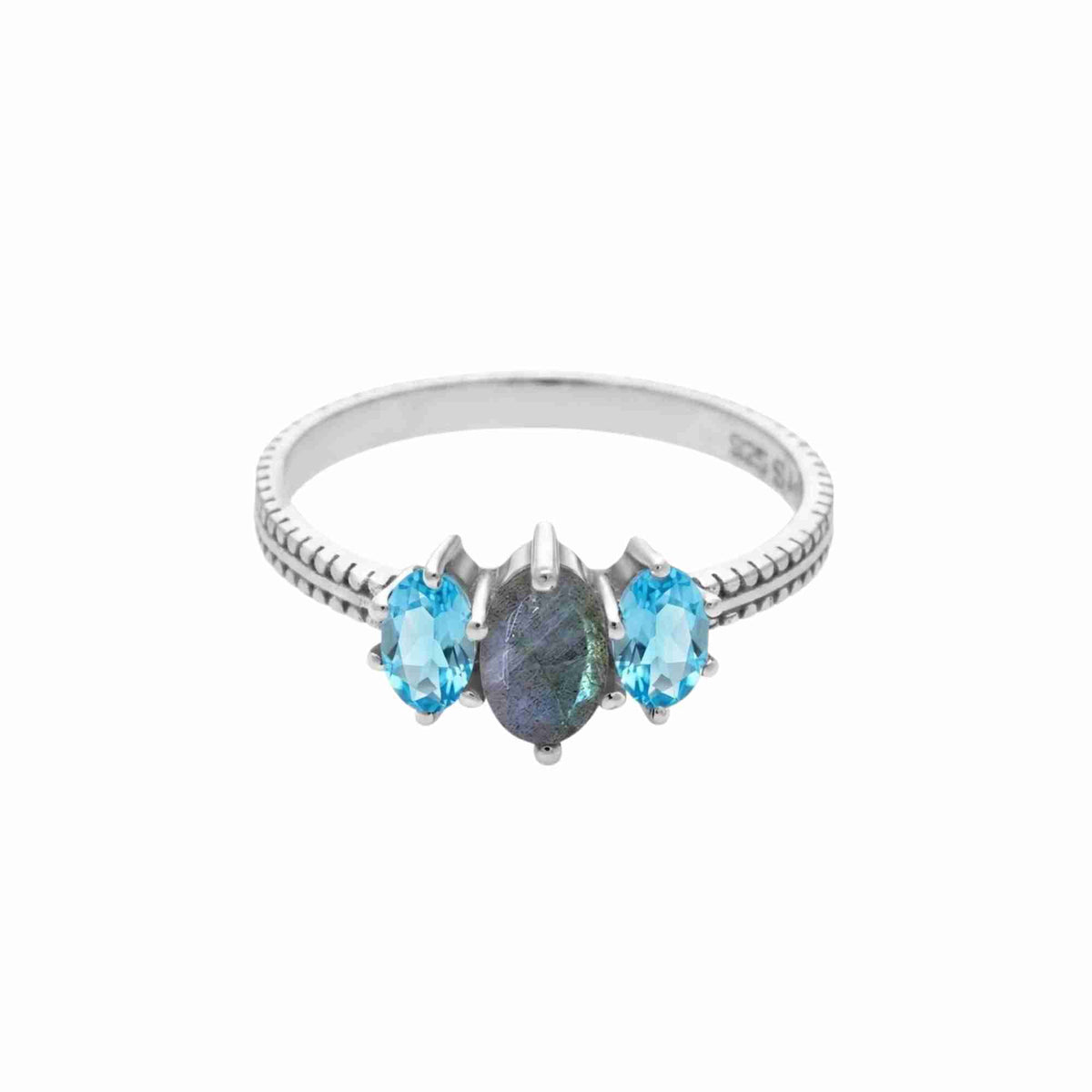 Kaleidoscope Labradorite and Blue Topaz Three-Stone Marquise Ring Silver — marquise-cut Labradorite flanked by Blue Topaz in a protective eye layout on a beaded texture band in high-polish silver finish — Protsaah.