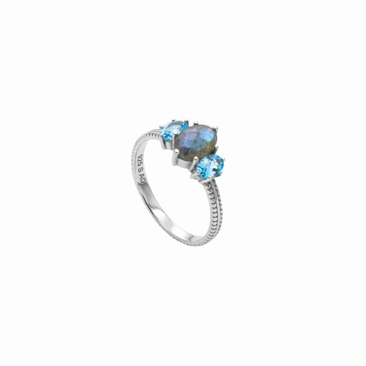 Kaleidoscope Labradorite and Blue Topaz Three-Stone Marquise Ring Silver — marquise-cut Labradorite flanked by Blue Topaz in a protective eye layout on a beaded texture band in high-polish silver finish — Protsaah.