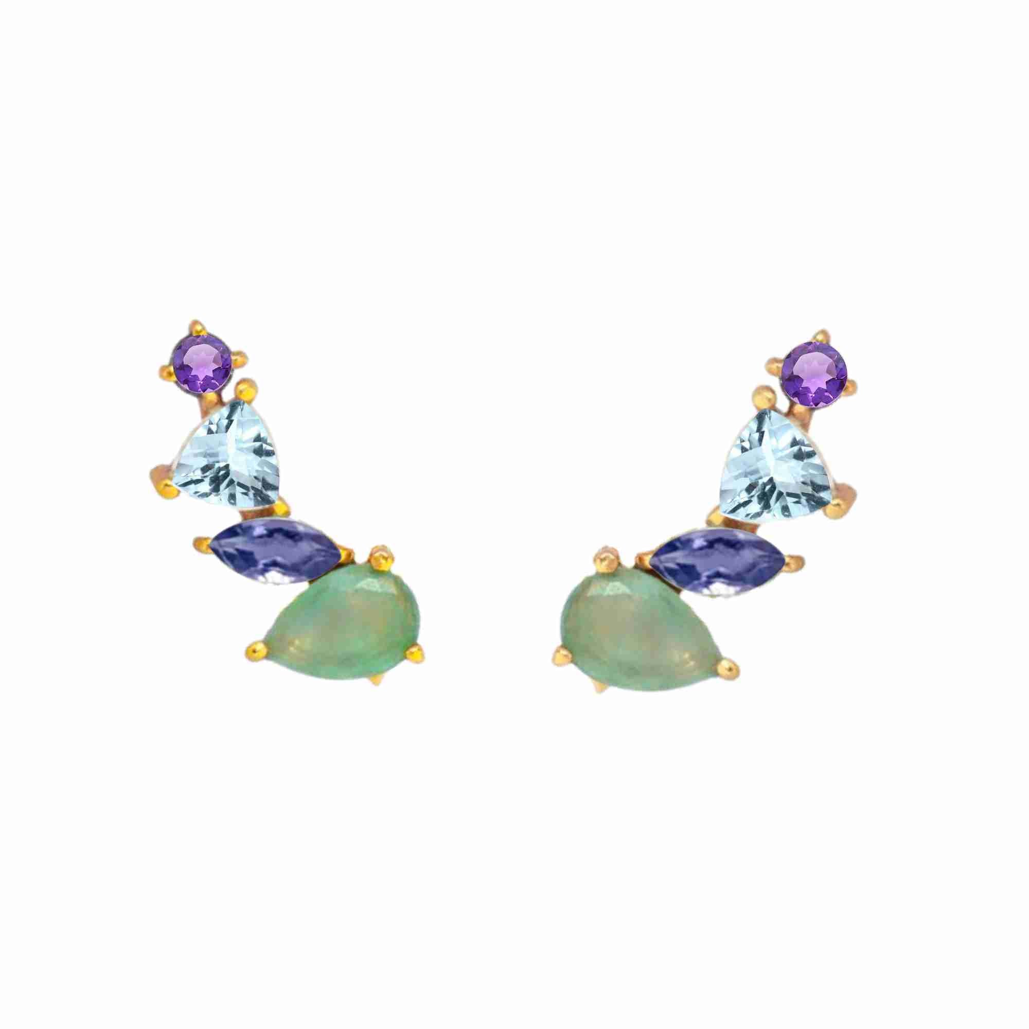Protsaah Zurich - Kaleidoscope multi gemstone ear climbers stud earrings in 22K gold-plated recycled silver with Nephrite, Iolite, Blue Topaz, and Amethyst, handcrafted sustainable jewelry Switzerland.