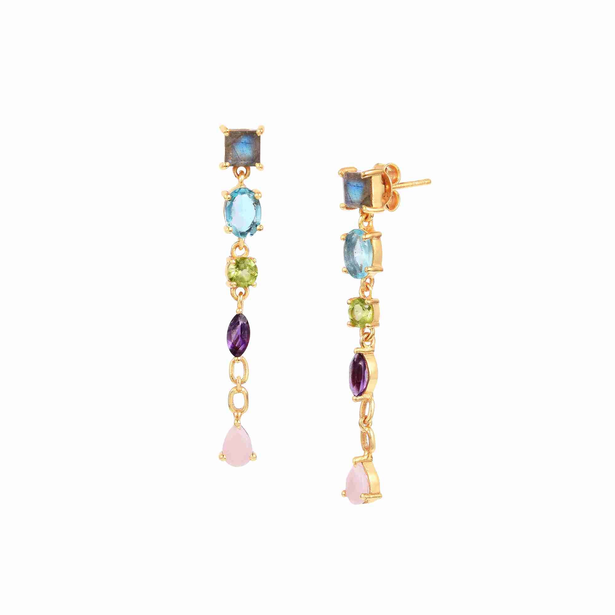 Product picture named Kaleidoscope displaying a front and side profile view of the Kaleidoscope Multi-Gemstone Long Dangling Statement Earrings in gold vermeil against a plain white background, showcasing a handcrafted vertical cascade of square-cut Labradorite, oval Blue Topaz, round Peridot, marquise Amethyst, and a dangling teardrop Pink Opal by Protsaah Zurich.