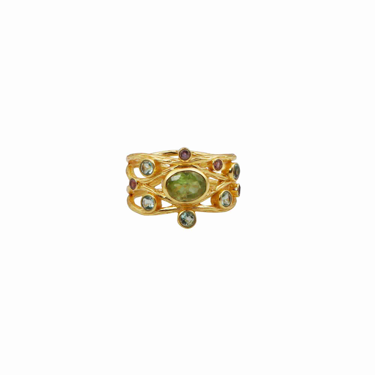 Protsaah Zurich - Kaleidoscope Peridot Blue Topaz and Amethyst statement ring in 22K gold-plated recycled silver front view, handcrafted sustainable jewelry Switzerland.