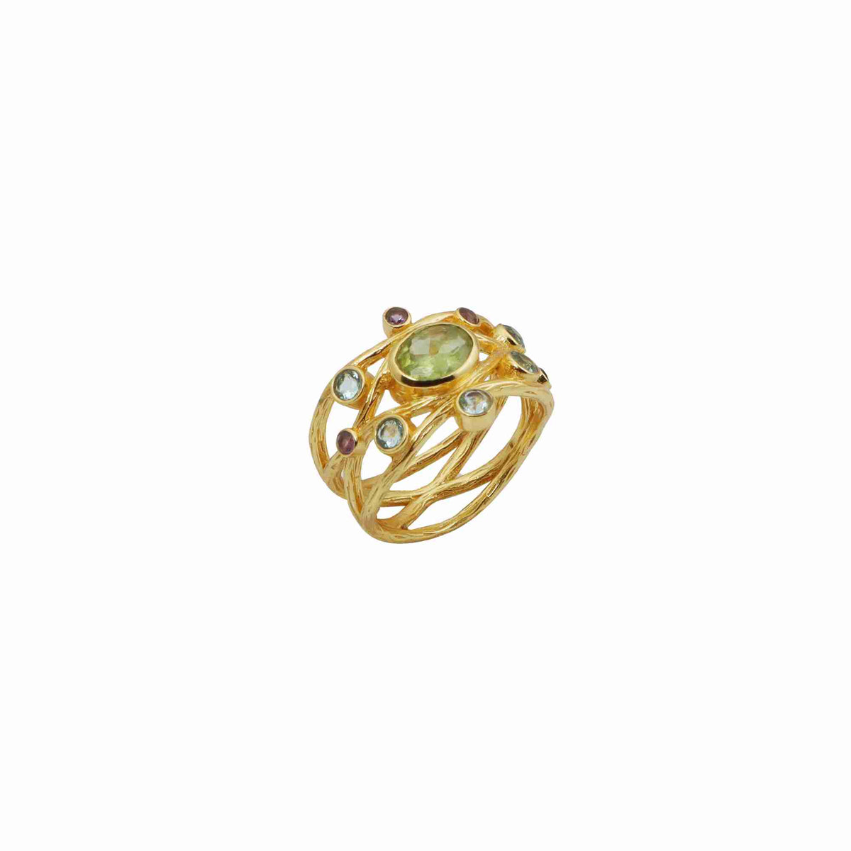 Protsaah Zurich - Kaleidoscope Peridot Blue Topaz and Amethyst statement ring in 22K gold-plated recycled silver side view, handcrafted sustainable jewelry Switzerland.