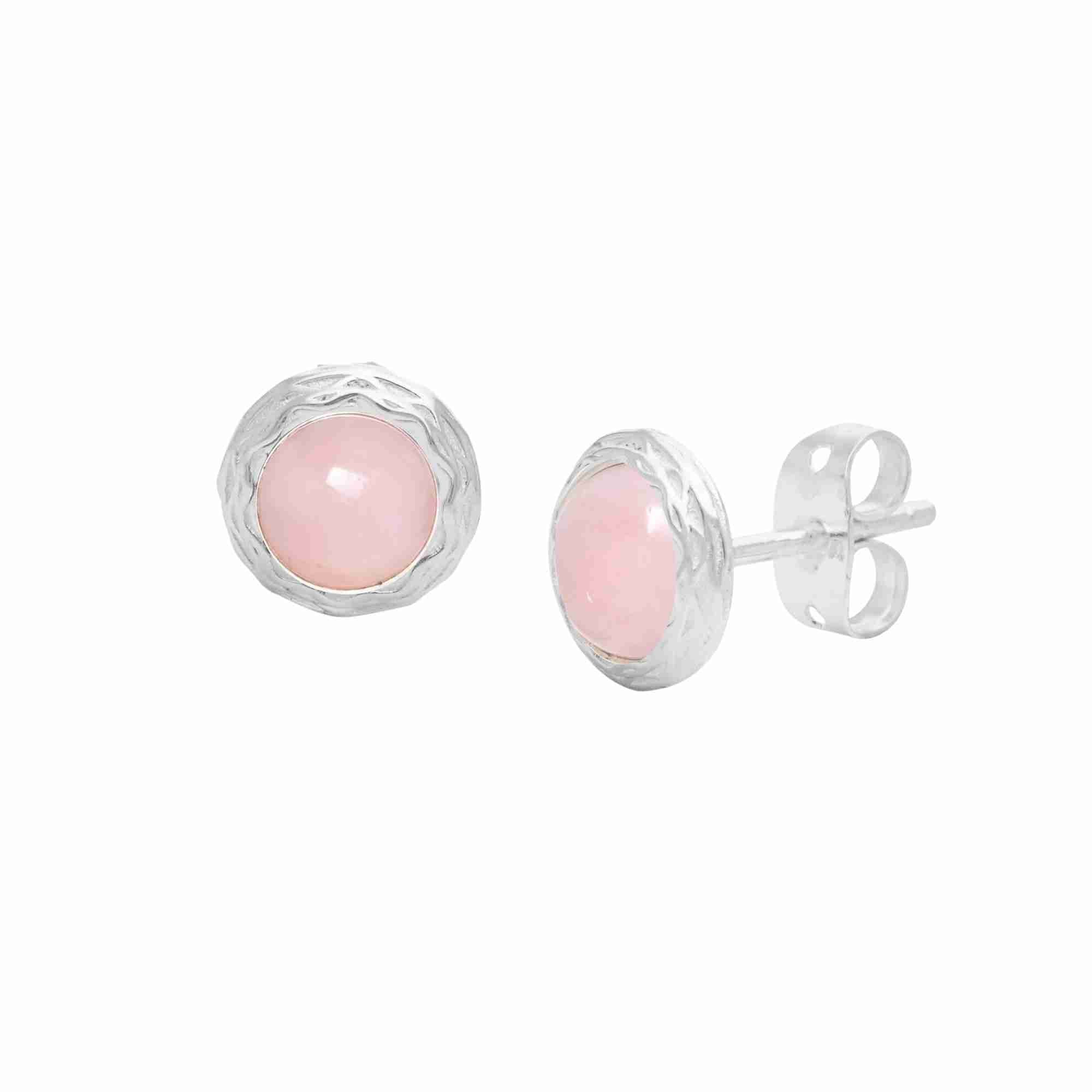 Product photography of Kaleidoscope Rose-Cut Hand-Finished Smooth Cabochon Pink Opal Silver Stud Earrings, highlighting the bezel-set smooth, glossy pink gemstone enclosed in an artisan hand-applied filigree silver frame — Protsaah Zurich.
