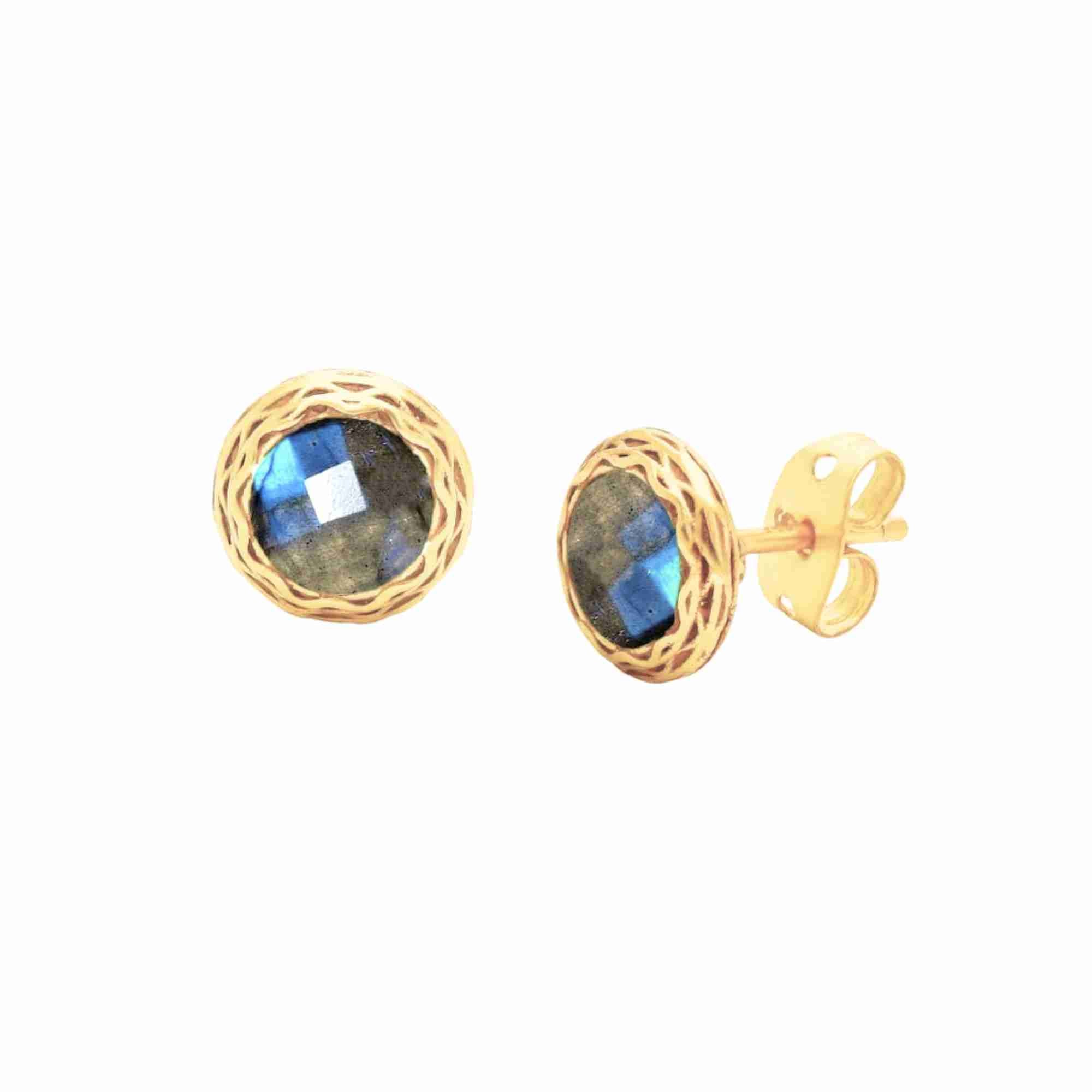 Product photography of Kaleidoscope Rose-Cut Labradorite Gold Vermeil Stud Earrings, highlighting the off-center bezel-set iridescent blue-grey gemstone on an artisan hand-applied scratch-finish disk — Protsaah Zurich.
