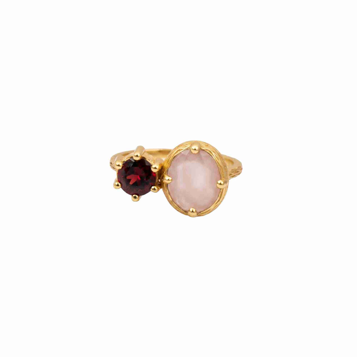 Protsaah Zurich - Top view of Kaleidoscope Rose Quartz & Garnet Toi et Moi Cocktail Ring Gold featuring an oval soft pink Rose Quartz and round deep red Garnet set side-by-side in 22K gold-plated recycled silver.