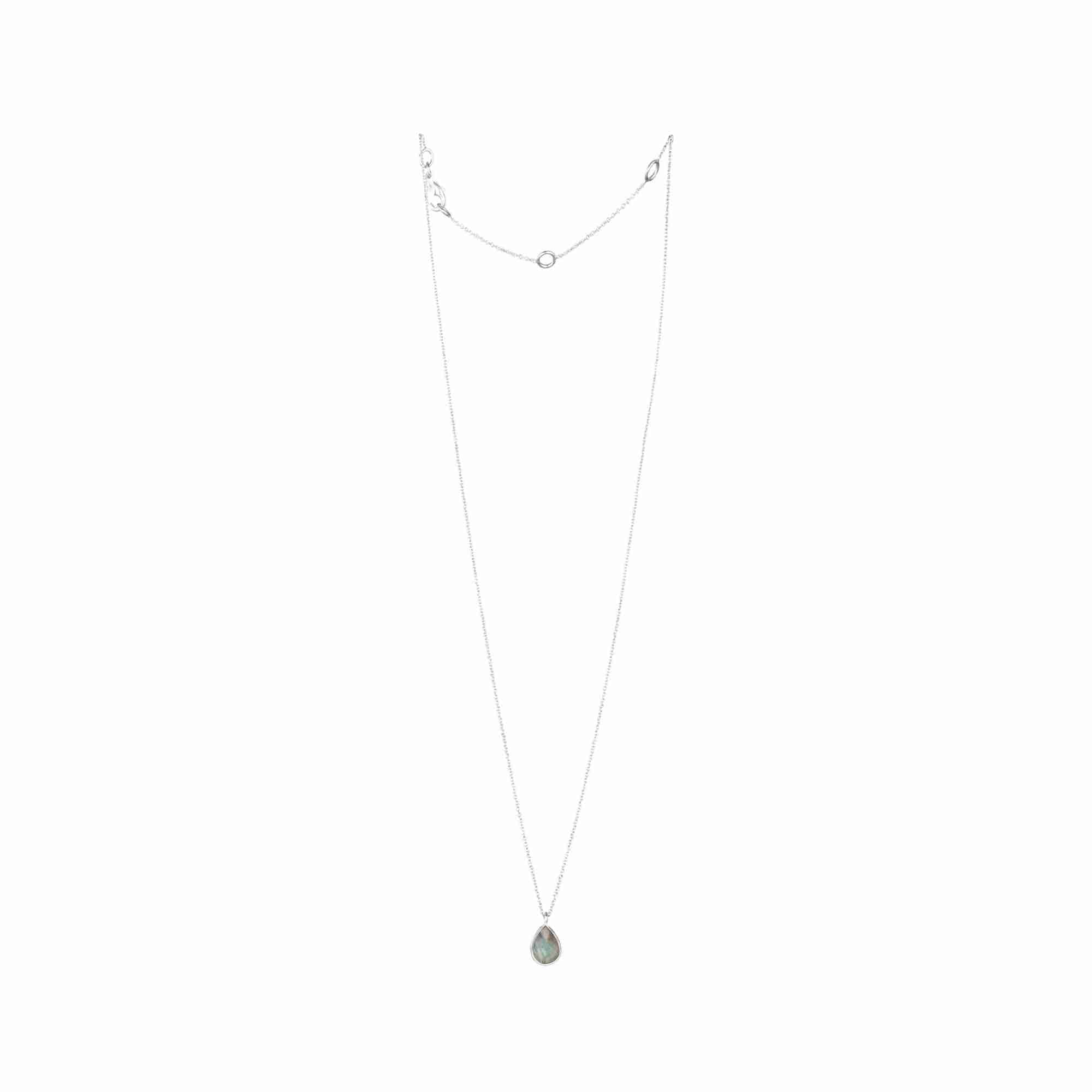 Dew Drops Labradorite Teardrop Pendant Necklace Silver — floating faceted Labradorite teardrop pendant with blue-grey iridescence in a delicate silver frame on a triple-adjustable chain — Protsaah.