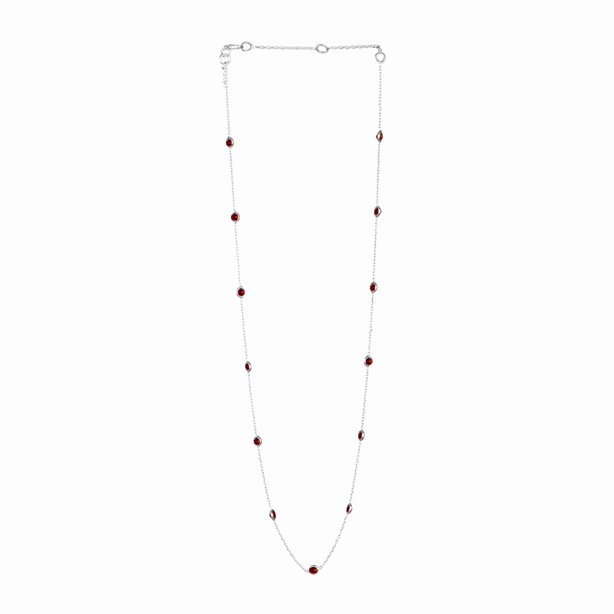 Dew Drops Dotted Garnet Short Necklace Silver — 925 recycled silver fine chain station necklace set with rich crimson-red Garnet gemstone beads — Protsaah.