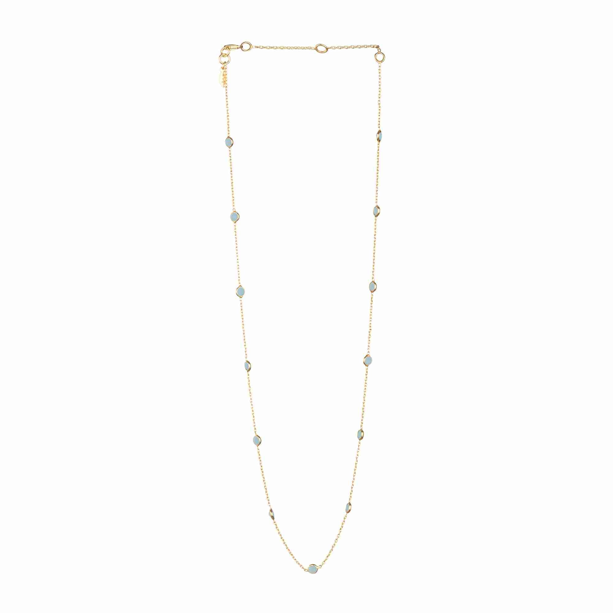 Dew Drops Dotted Aqua Chalcedony Short Necklace Gold — 22K gold-plated recycled 925 silver fine chain station necklace set with translucent sea-glass blue Aqua Chalcedony gemstone beads — Protsaah.