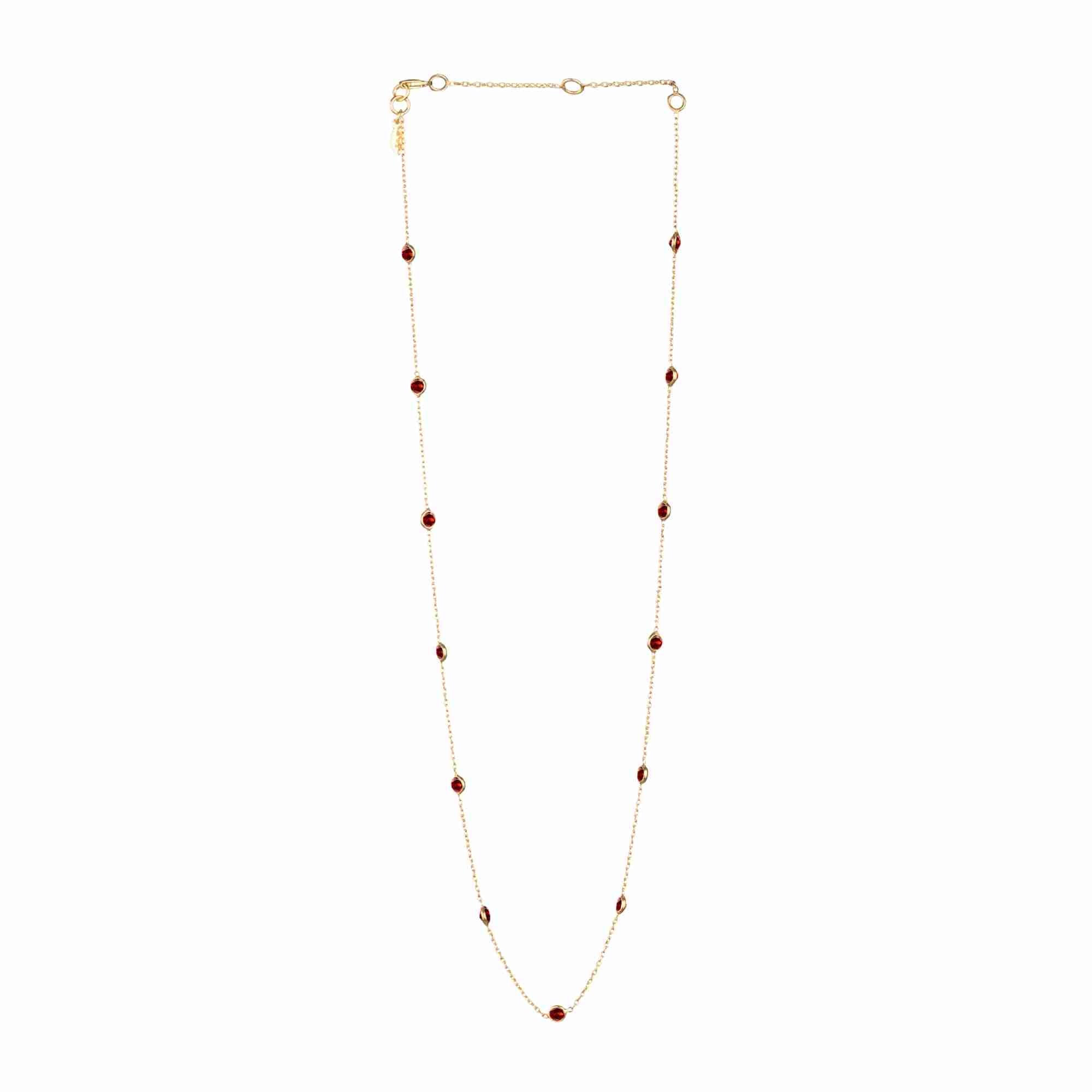 Dew Drops Dotted Garnet Short Necklace Gold — 22K gold-plated recycled 925 silver fine chain station necklace set with rich crimson-red Garnet gemstone beads — Protsaah.