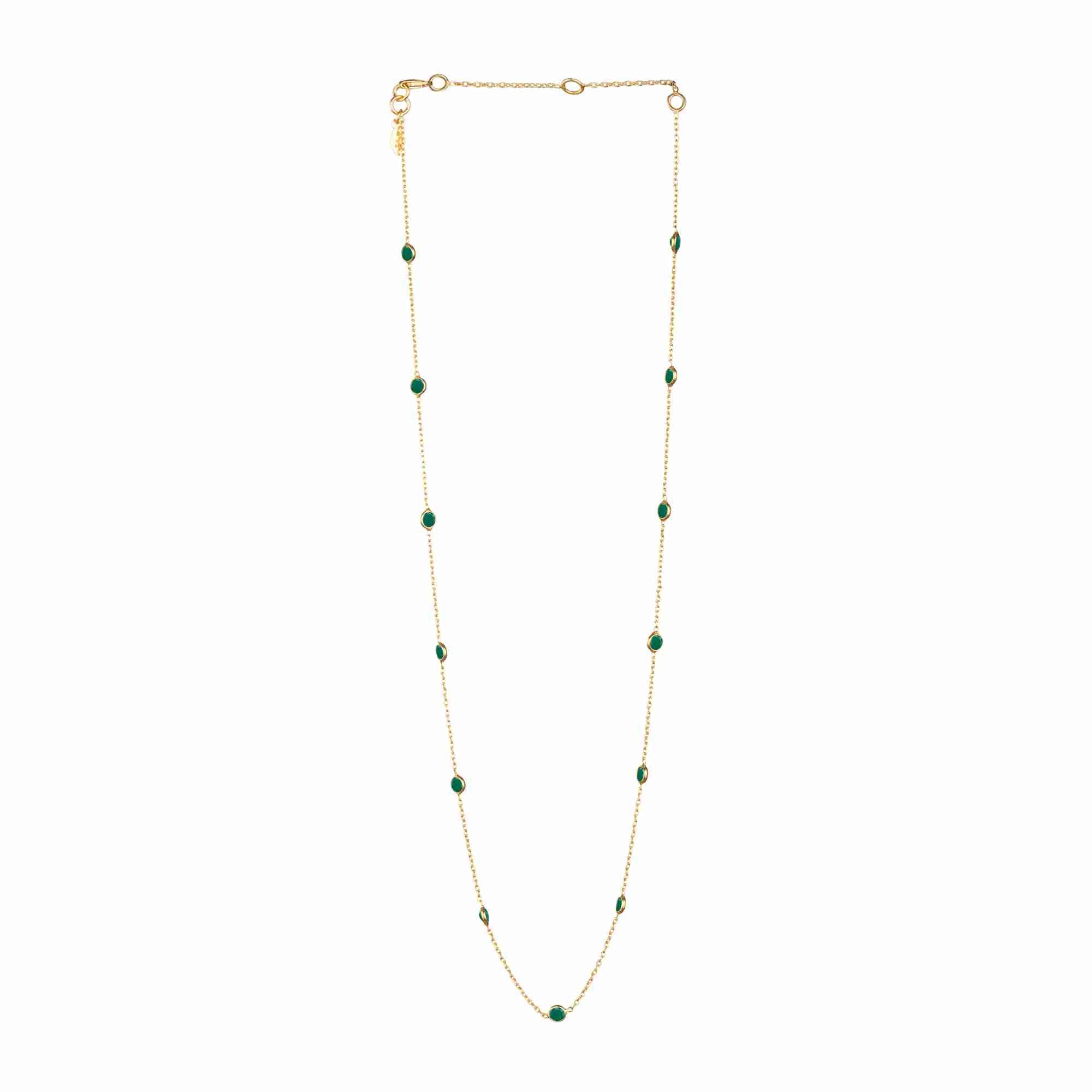 Dew Drops Dotted Green Onyx Short Necklace Gold — 22K gold-plated recycled 925 silver fine chain station necklace set with rich emerald-green Green Onyx gemstone beads — Protsaah.
