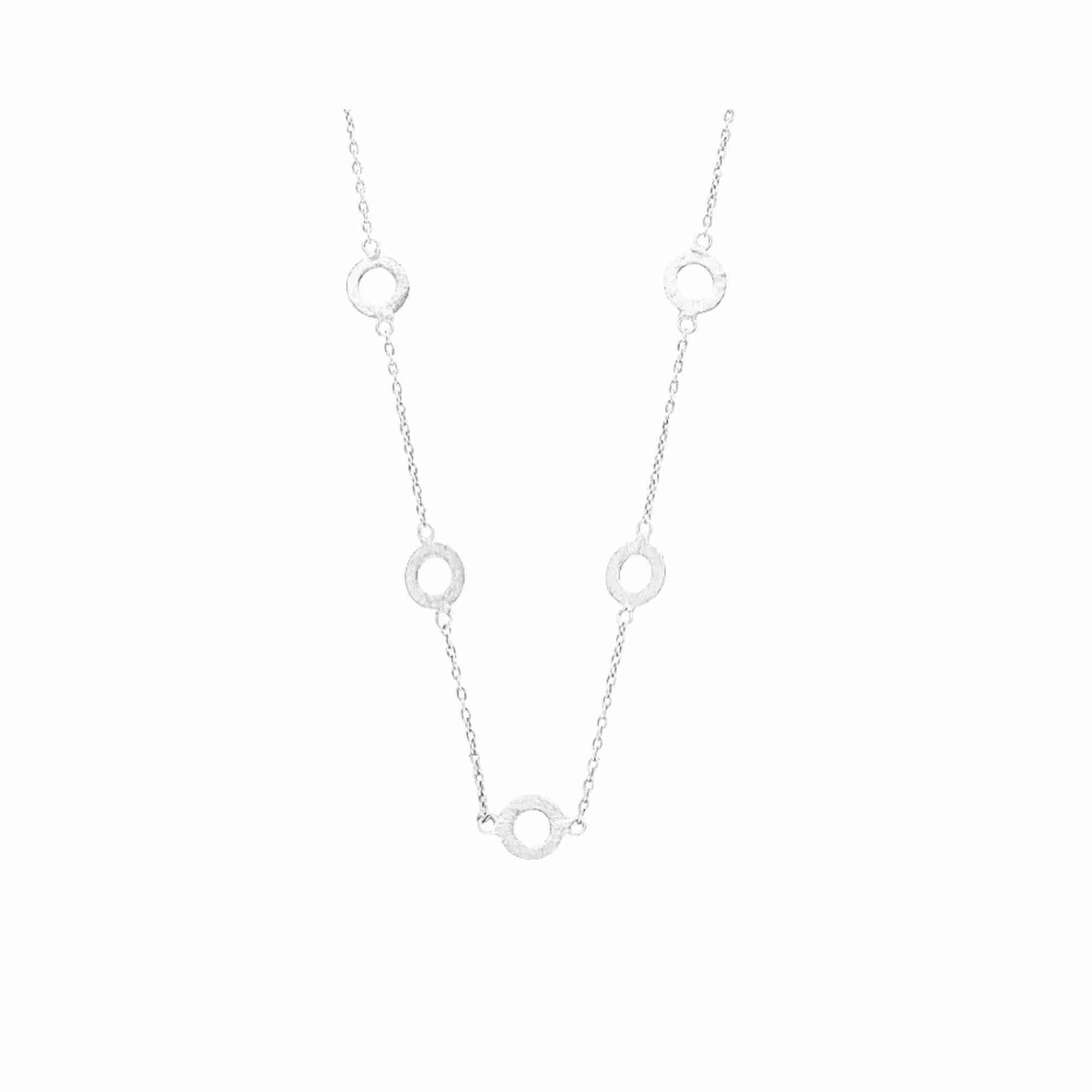 Shimmering Disks Silver Open Circle Necklace; five-station design with signature scratch-texture circles on a delicate 92.5 recycled silver cable chain.