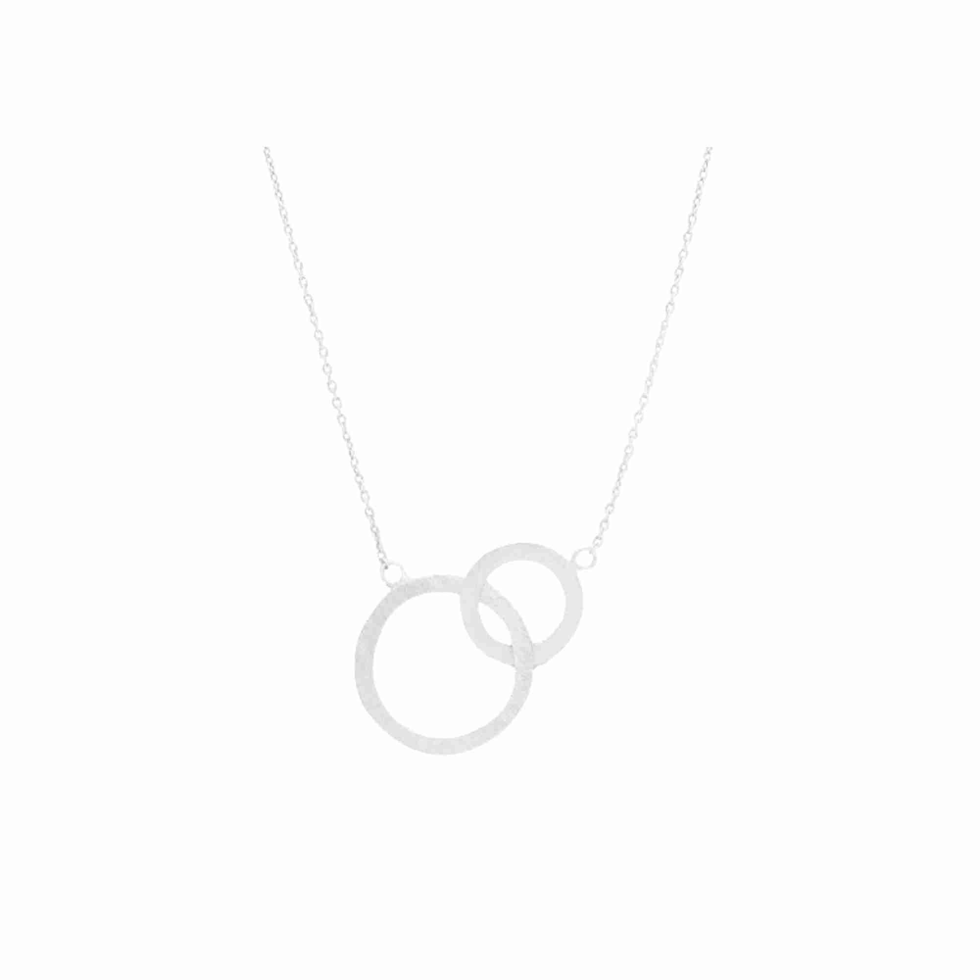 Shimmering Disks Silver Interlinked Necklace; delicate chain design with two interlinked circular stations and a signature brushed-satin finish over 92.5 recycled silver.
