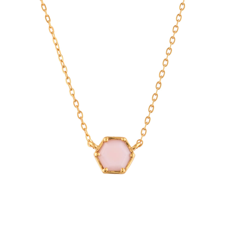 Geo Glam Hexagon Pink Opal Pendant Necklace Gold