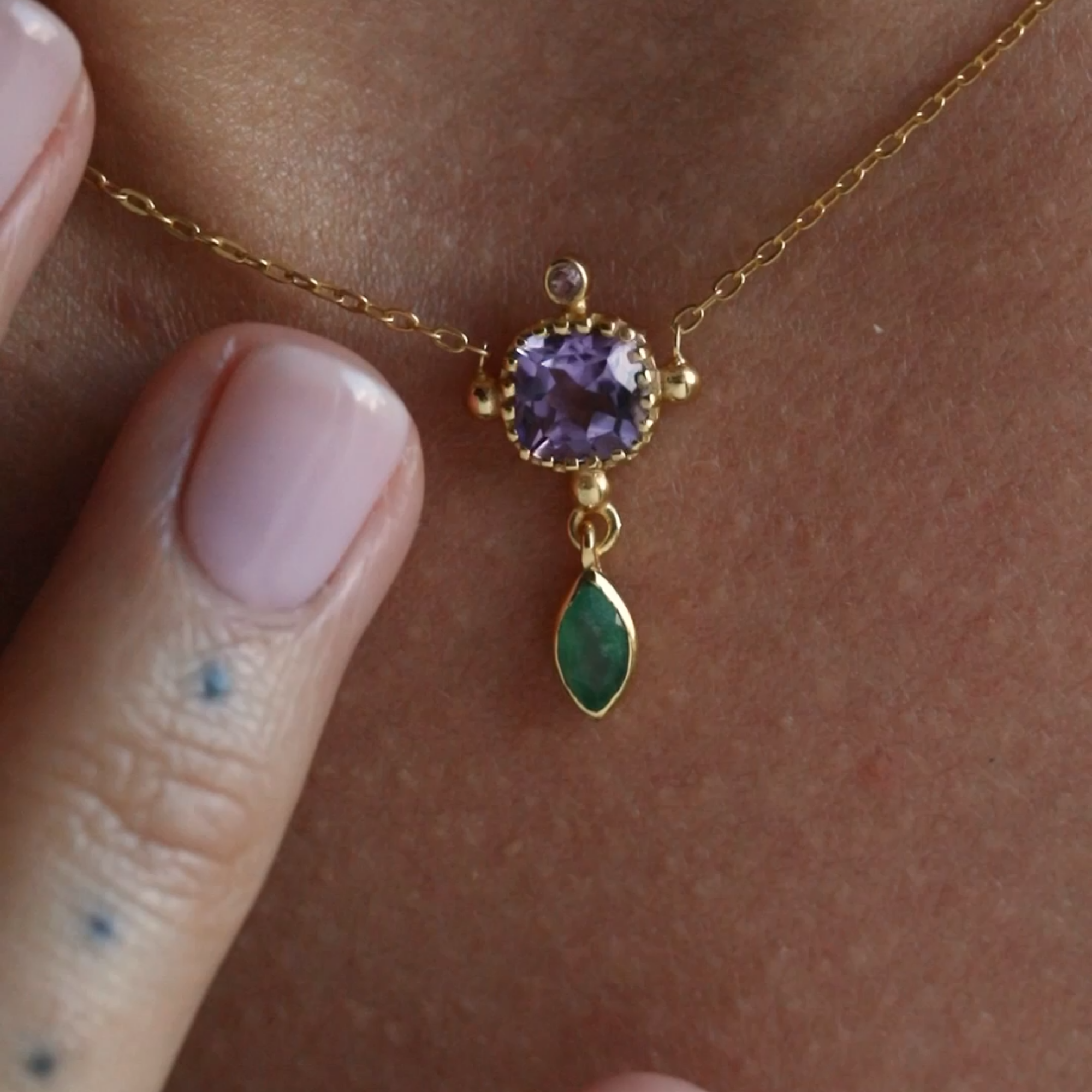 Kaleidoscope Amethyst, Nephrite & Citrine Drop Pendant Necklace in Gold