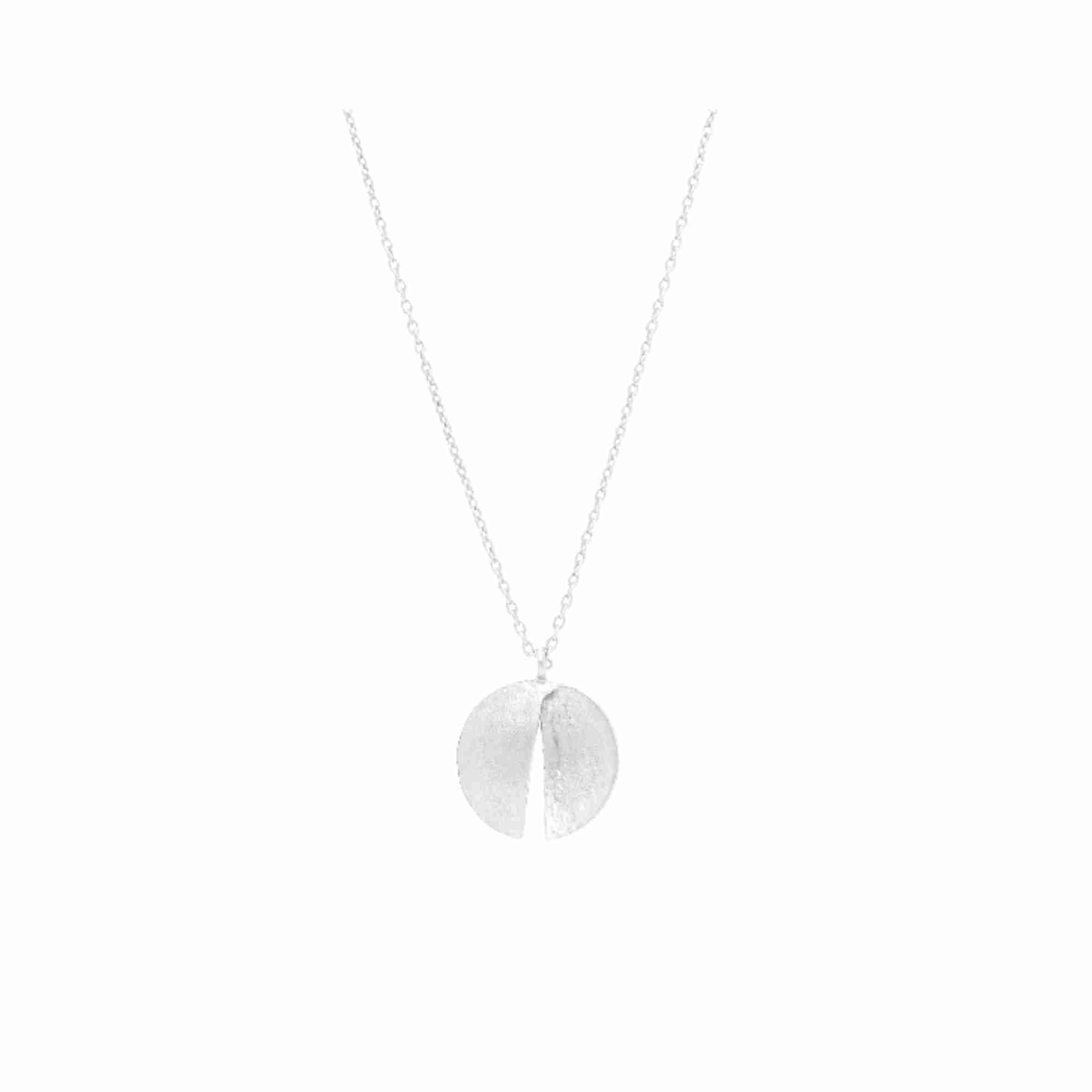 Silver Split-Disc Pendant Necklace; circular folded pendant in 92.5 recycled silver with a brushed-satin finish and adjustable chain, by Protsaah Zurich.recycled silver.