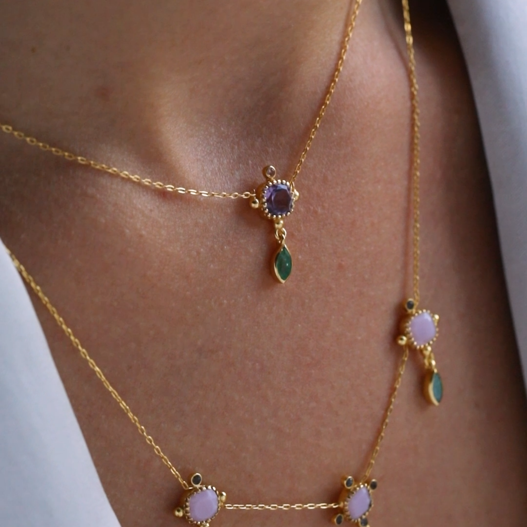 Kaleidoscope Amethyst, Nephrite & Citrine Drop Pendant Necklace in Gold