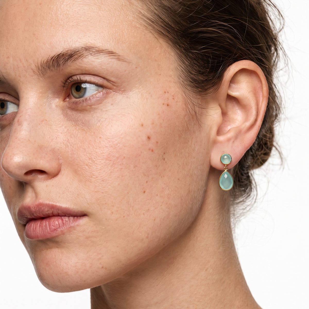 Boucles d'oreilles pendantes Calcédoine Aqua Goutte Naturelle Or