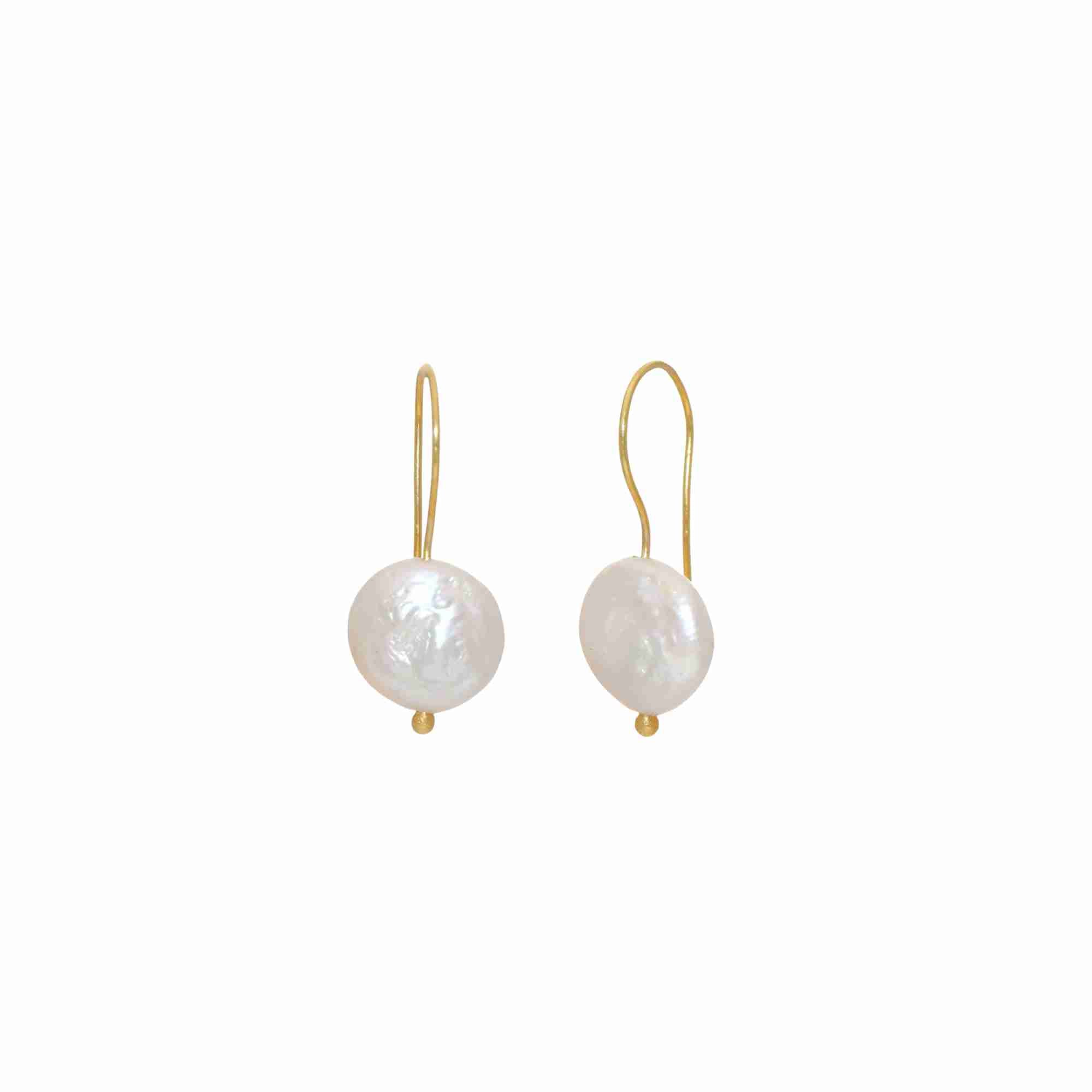 PEARLS GALORE Gold Pearl Earrings; 12mm coin pearls on gold French hooks, total length 26.9mm, handcrafted in 22K gold vermeil.