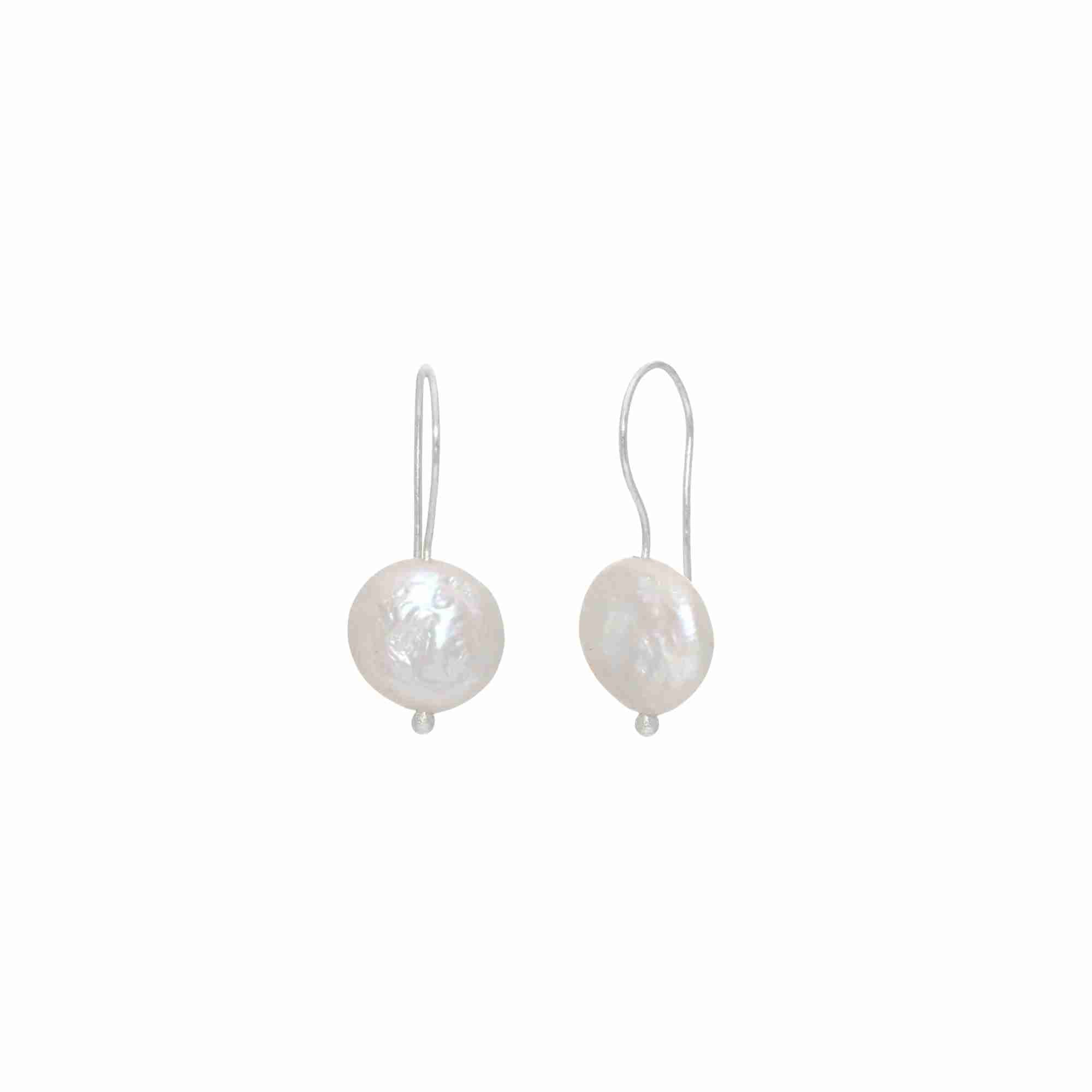 PEARLS GALORE Silver Pearl Earrings; circular white coin pearls on recycled silver French hooks, 26.9mm total drop, handcrafted by Protsaah Zurich.